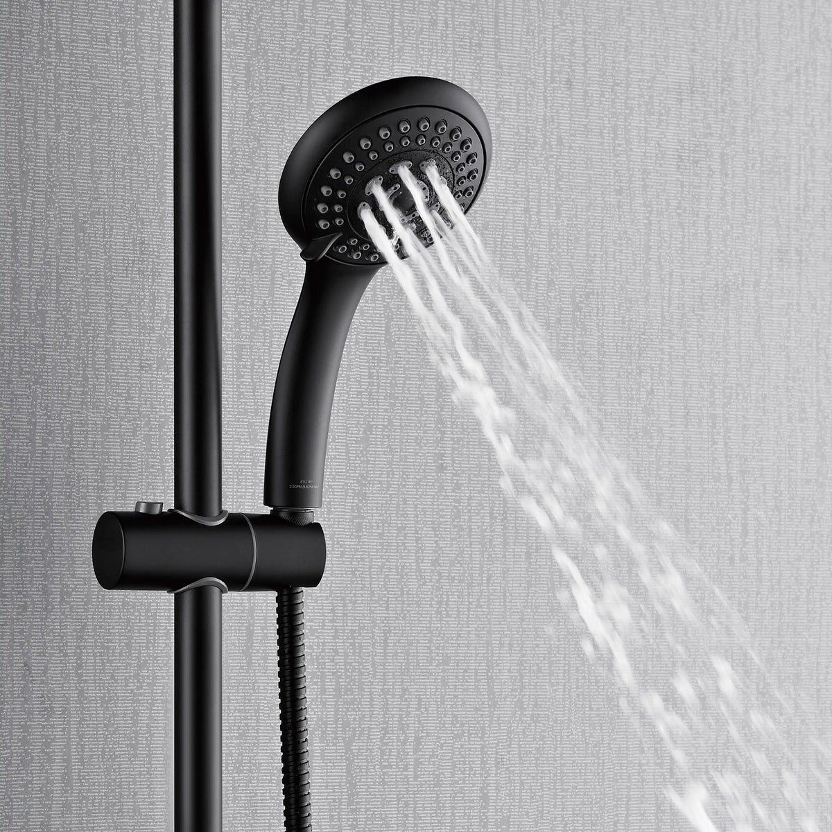 Matte black handheld shower head with spray stream and curved hose mount