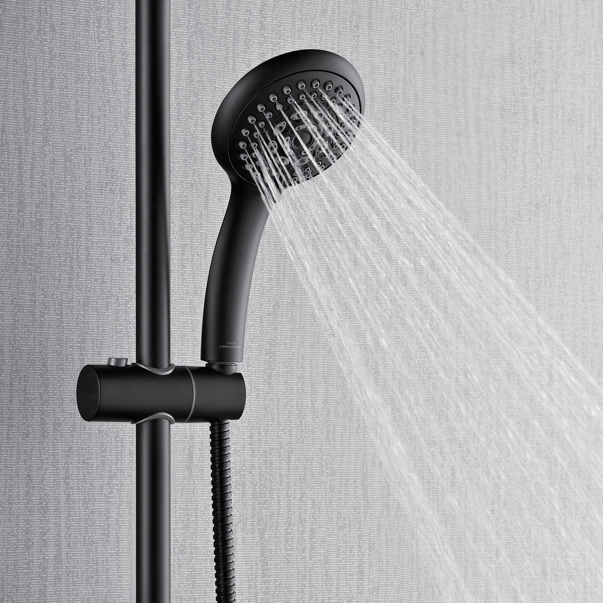 Matte black handheld shower head with wide spray stream and wall mount