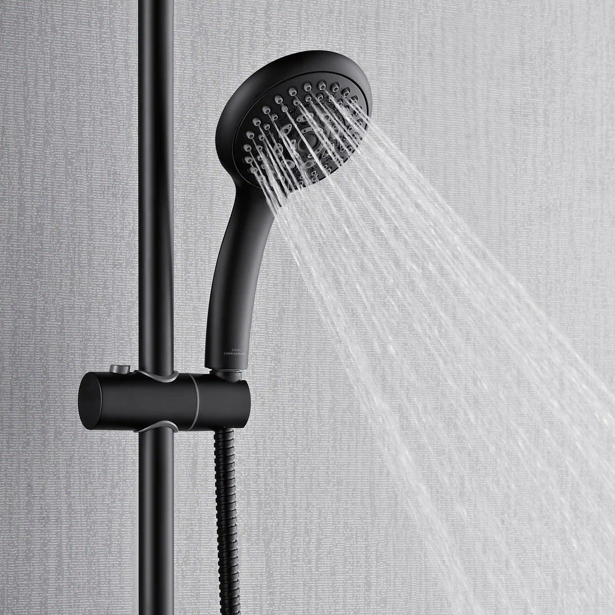 Matte black overhead rainfall shower head with handheld sprayer and water stream