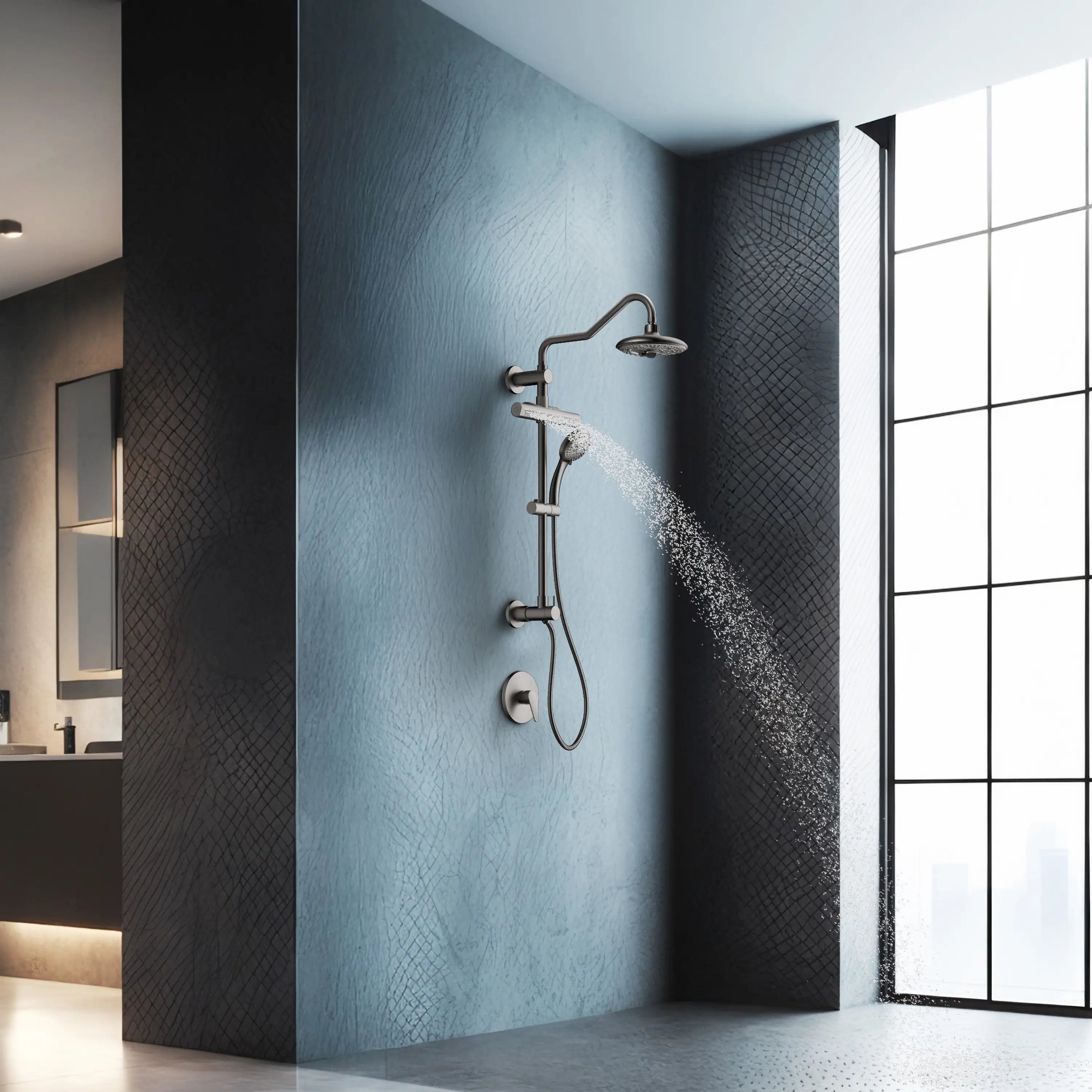 Matte black rainfall shower and handheld set mounted on shower wall