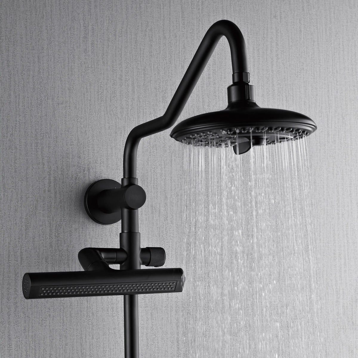 Matte black overhead rainfall shower head with cascading water stream