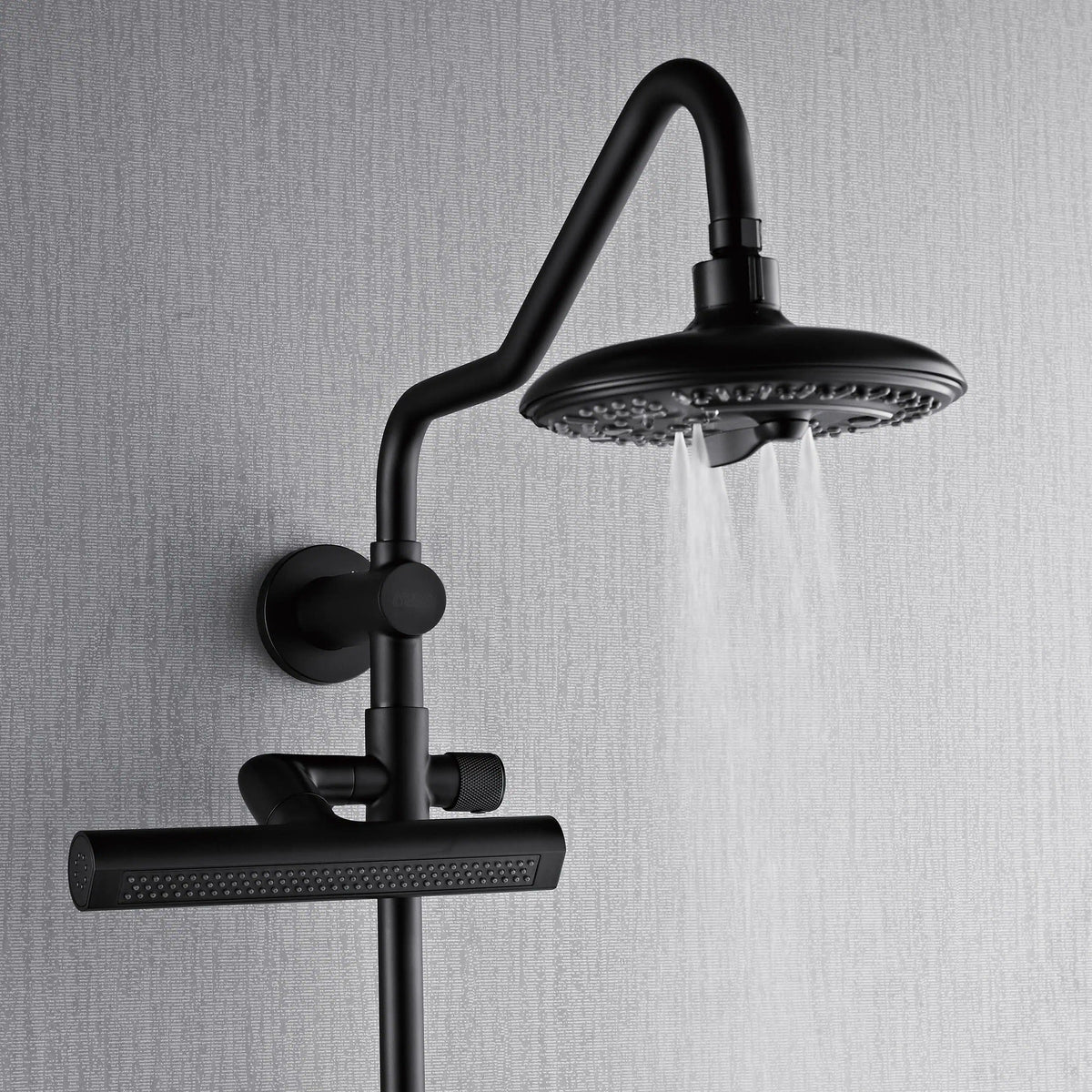 Matte black overhead rainfall shower head with steady water flow