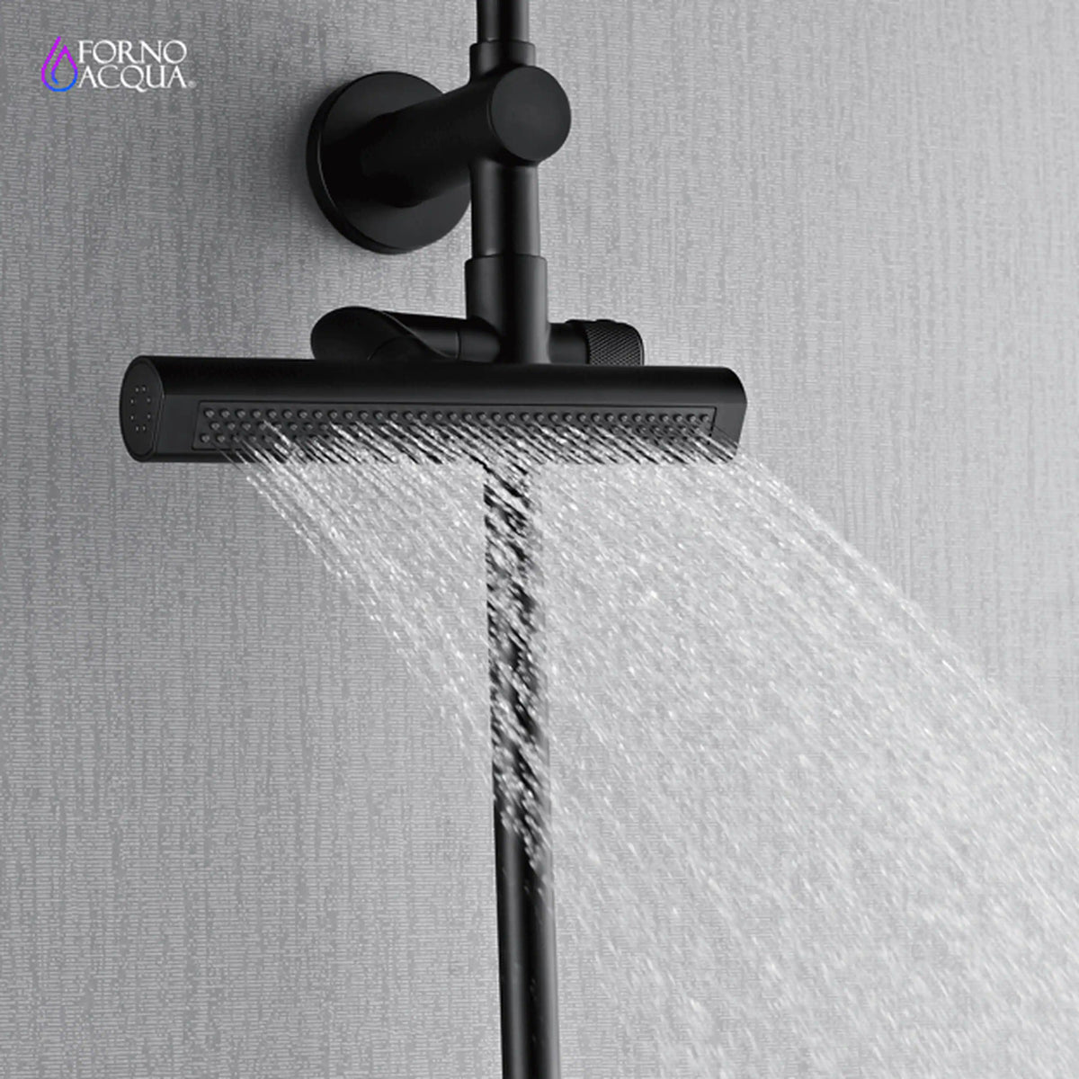 Matte black body jet bar dispensing water streams from the shower