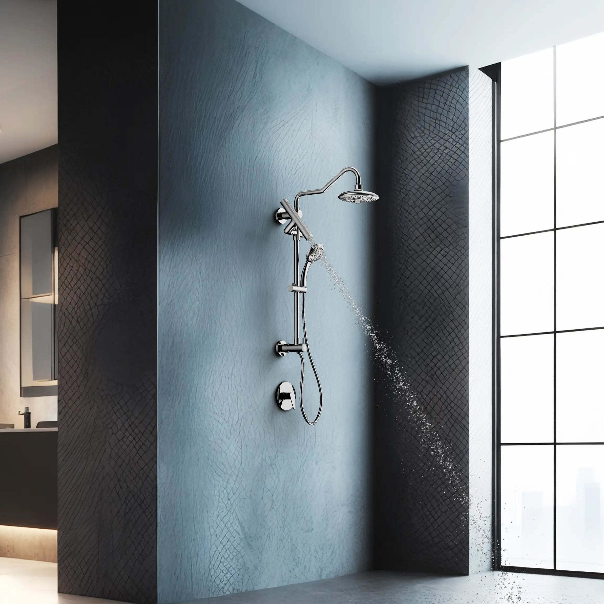 Wall-mounted brushed nickel shower with rainfall head and handheld hose