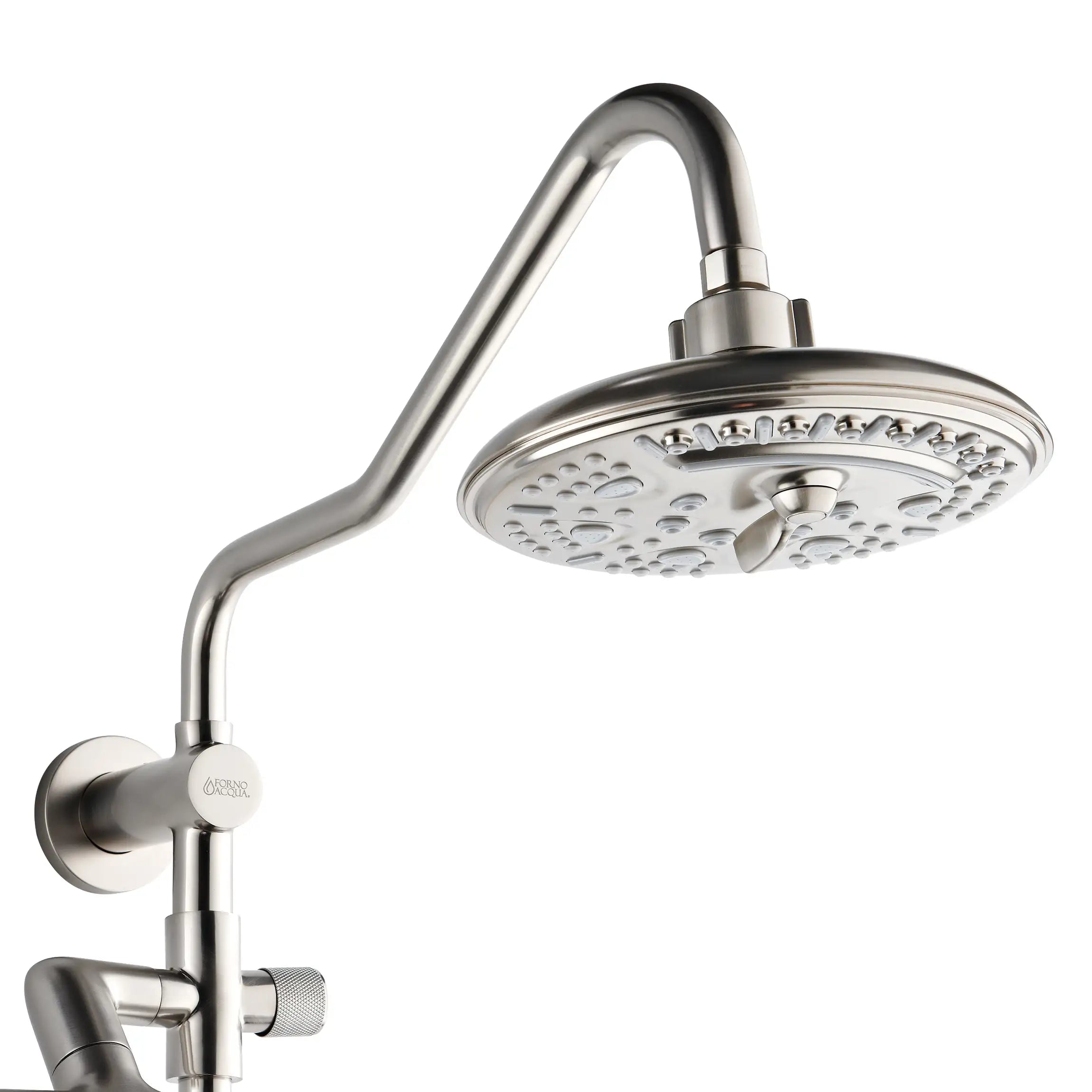 Brushed nickel 8-inch rainfall shower head with spray face and arm
