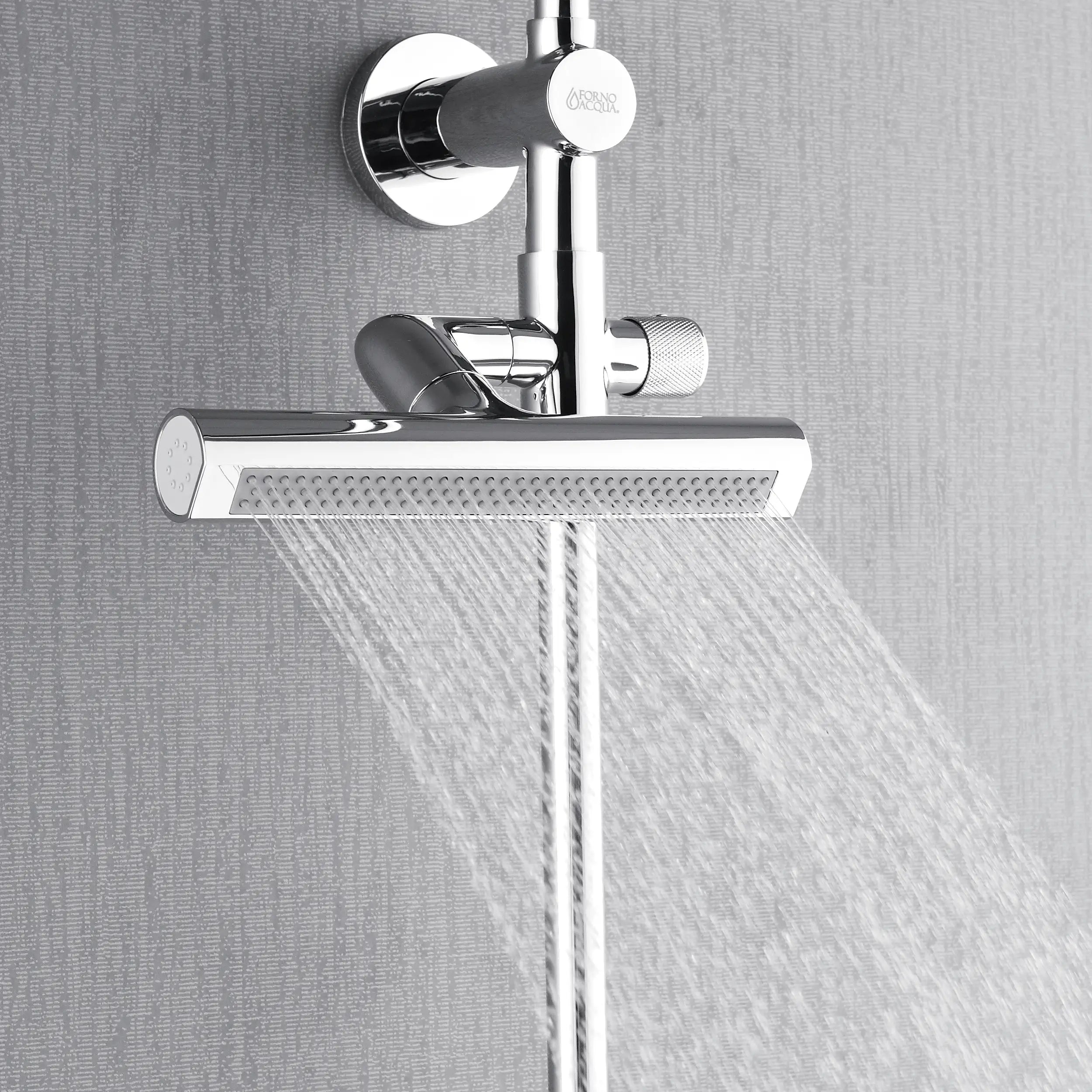 Overhead rainfall shower head with water flow and valve, polished stainless steel