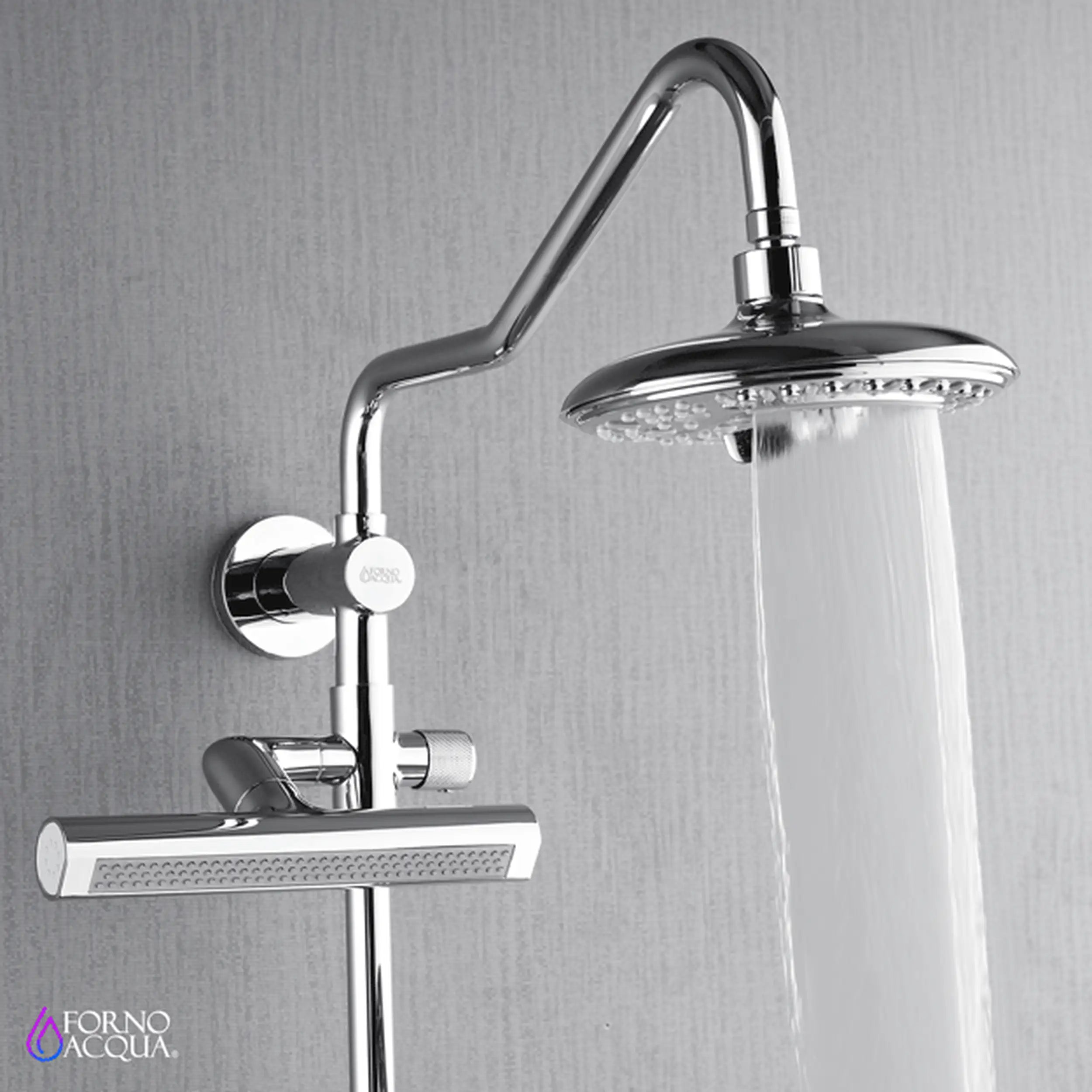 Overhead rainfall shower head with steady water flow and wall diverter, polished stainless