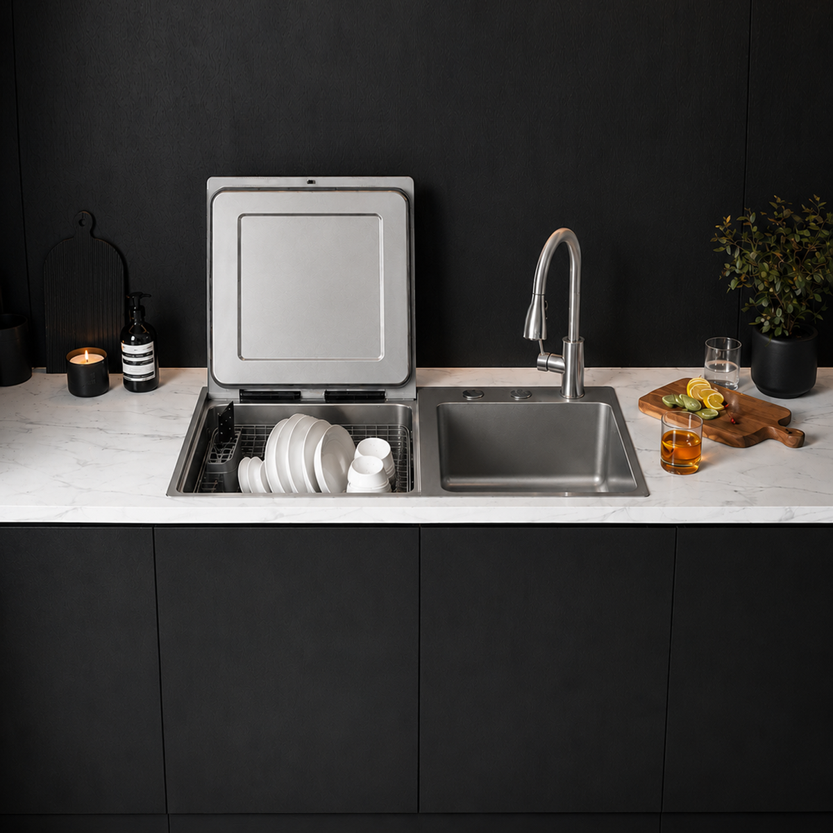 Fotile VersaWash 3-in-1 In-Sink Produce Cleaner and Dishwasher with HydroJet & Turbulence Technology, 4 Place Settings, 15-Minute Quick Wash, and Triple Drying System - Left Dishwasher in Black (SD2F-P5L)
