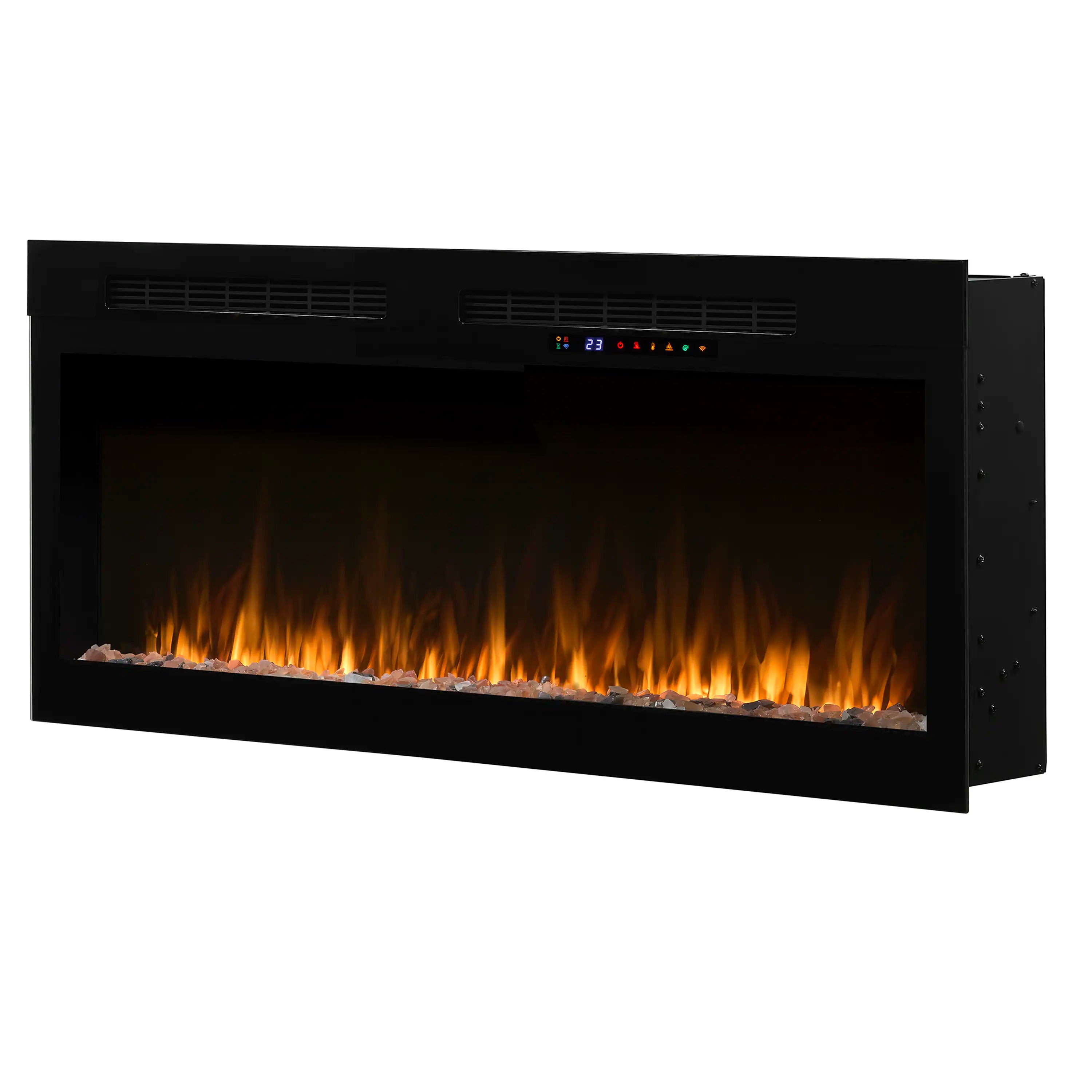 Black linear electric fireplace with open front and flame display