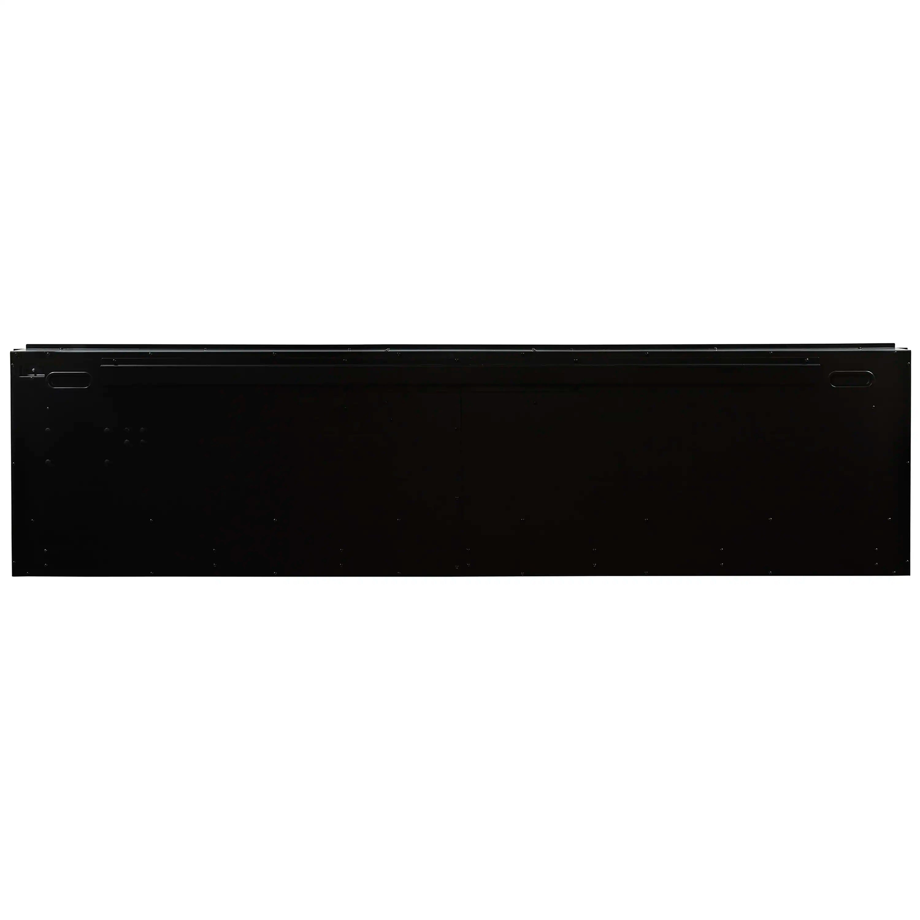 Black 50-inch linear electric fireplace unit with flush front panel and top controls
