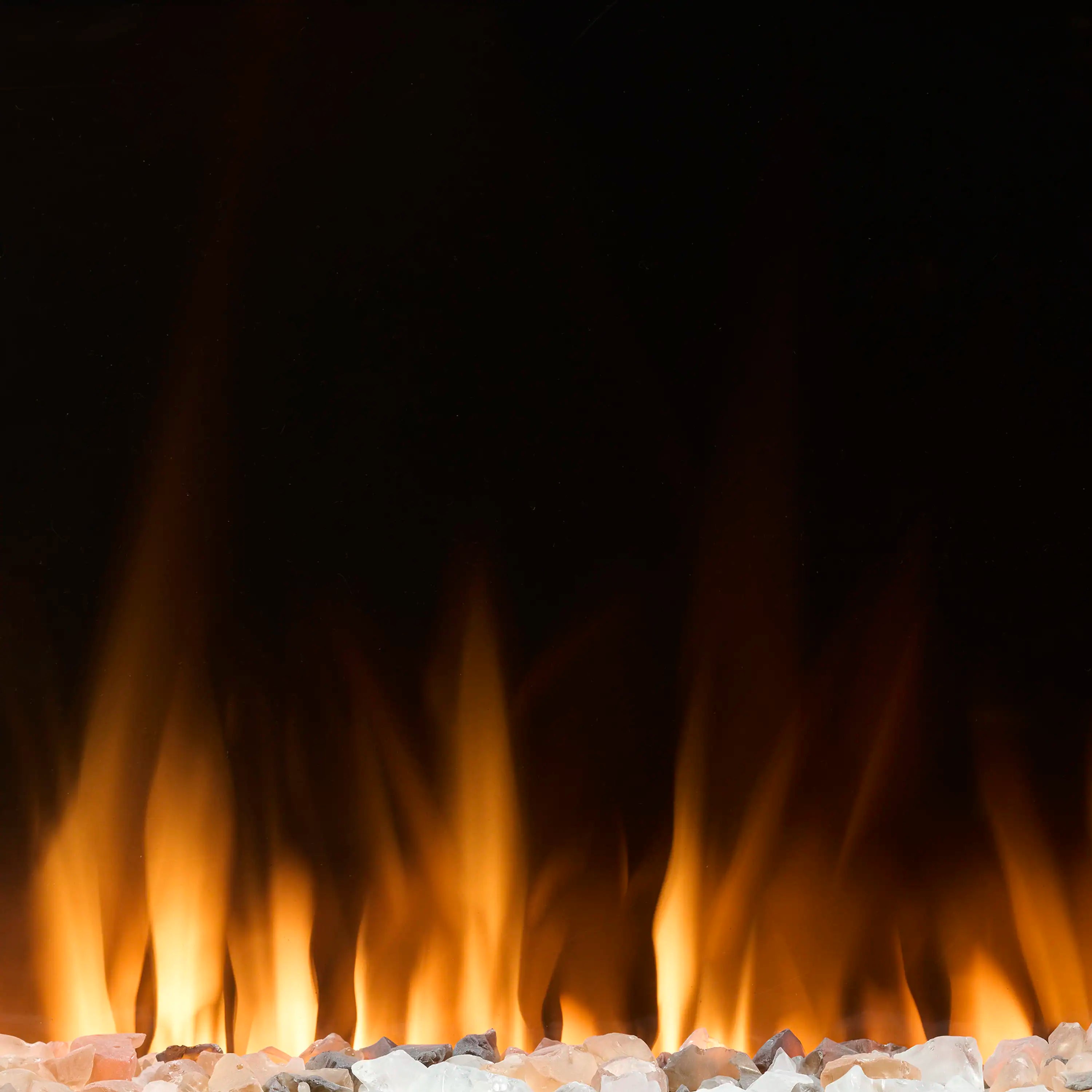 Linear electric fireplace flame effect with clear glass and stone bed
