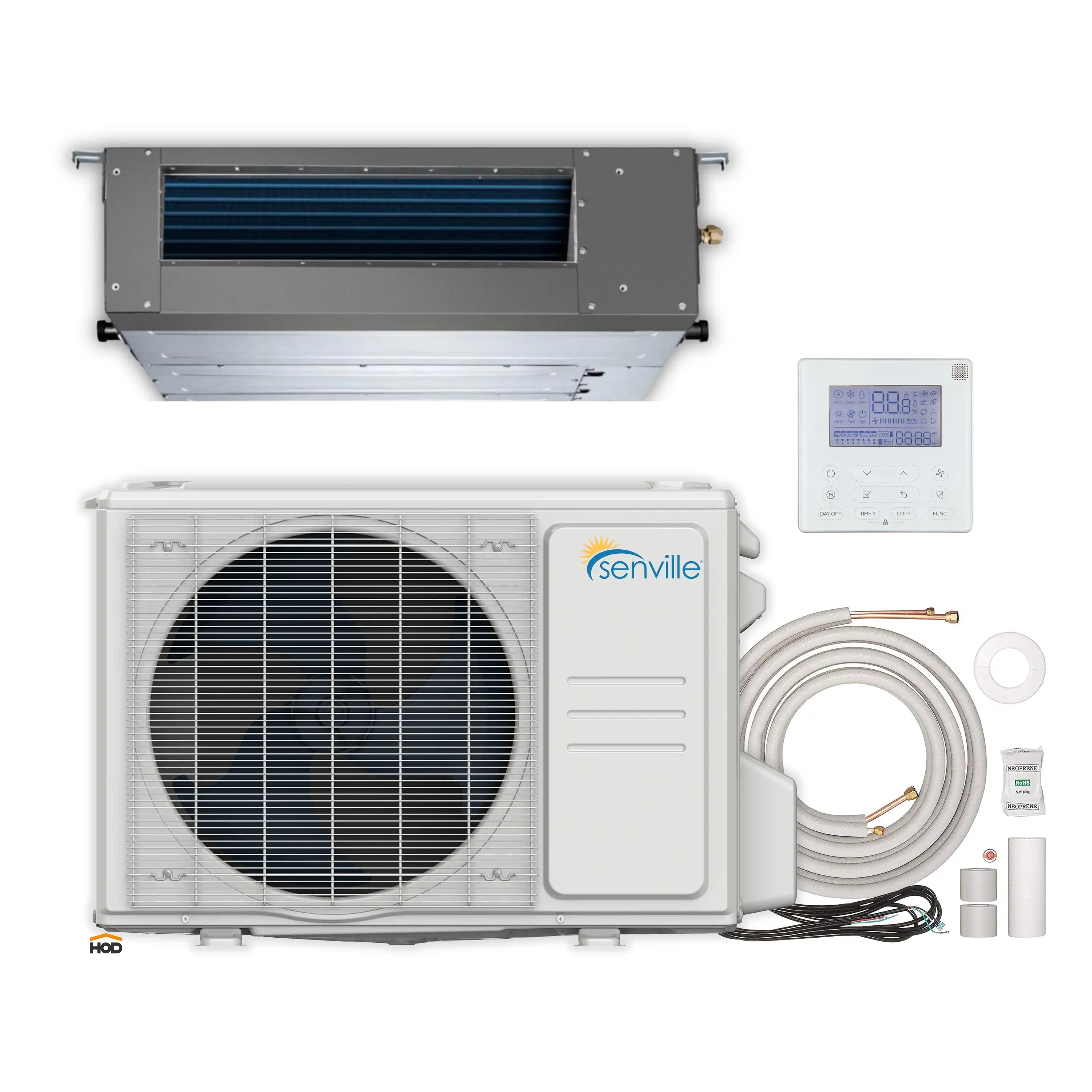Mini split system with indoor duct unit, outdoor condenser, remote control, and line set