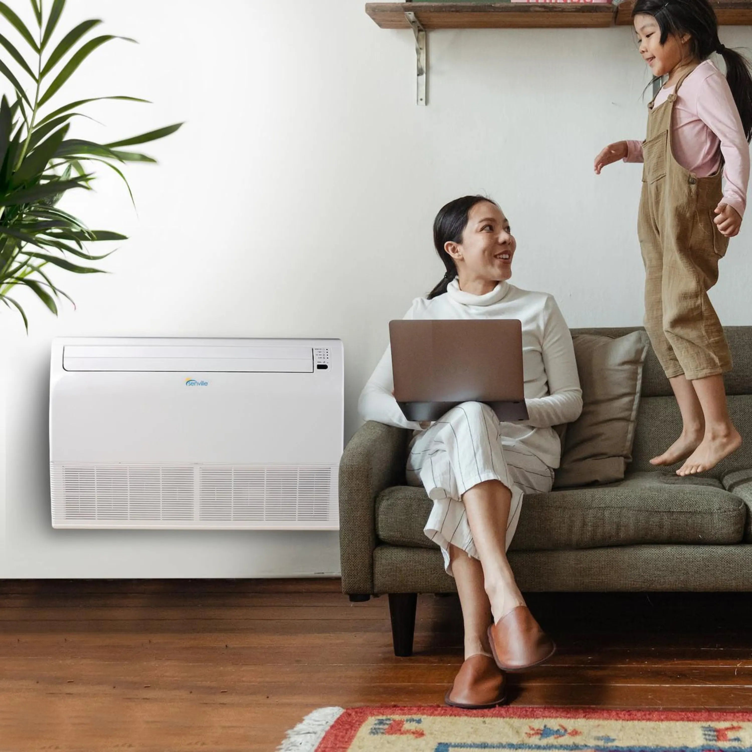 White floor mini split air handler with Senville logo