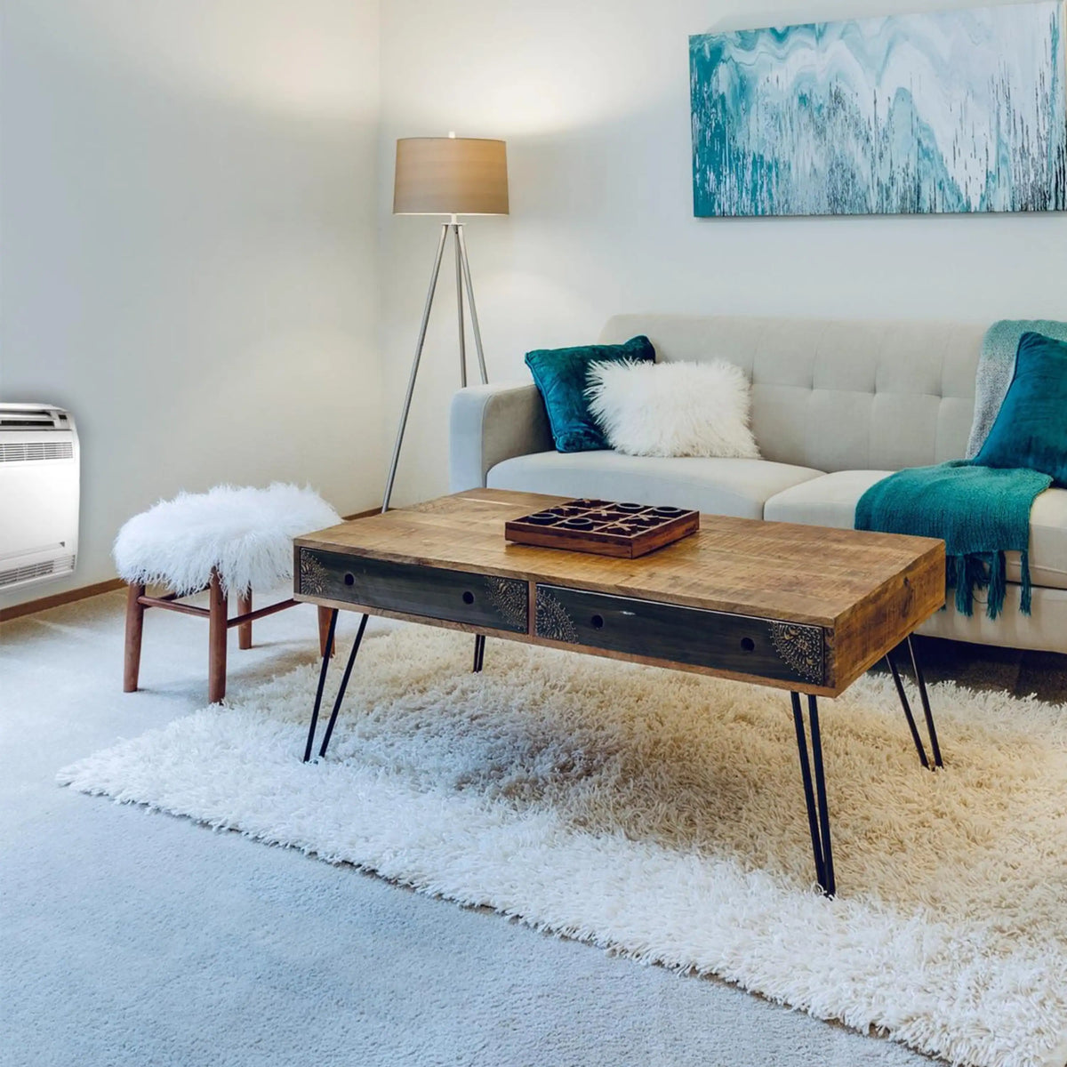 White floor mini split indoor unit mounted on the wall