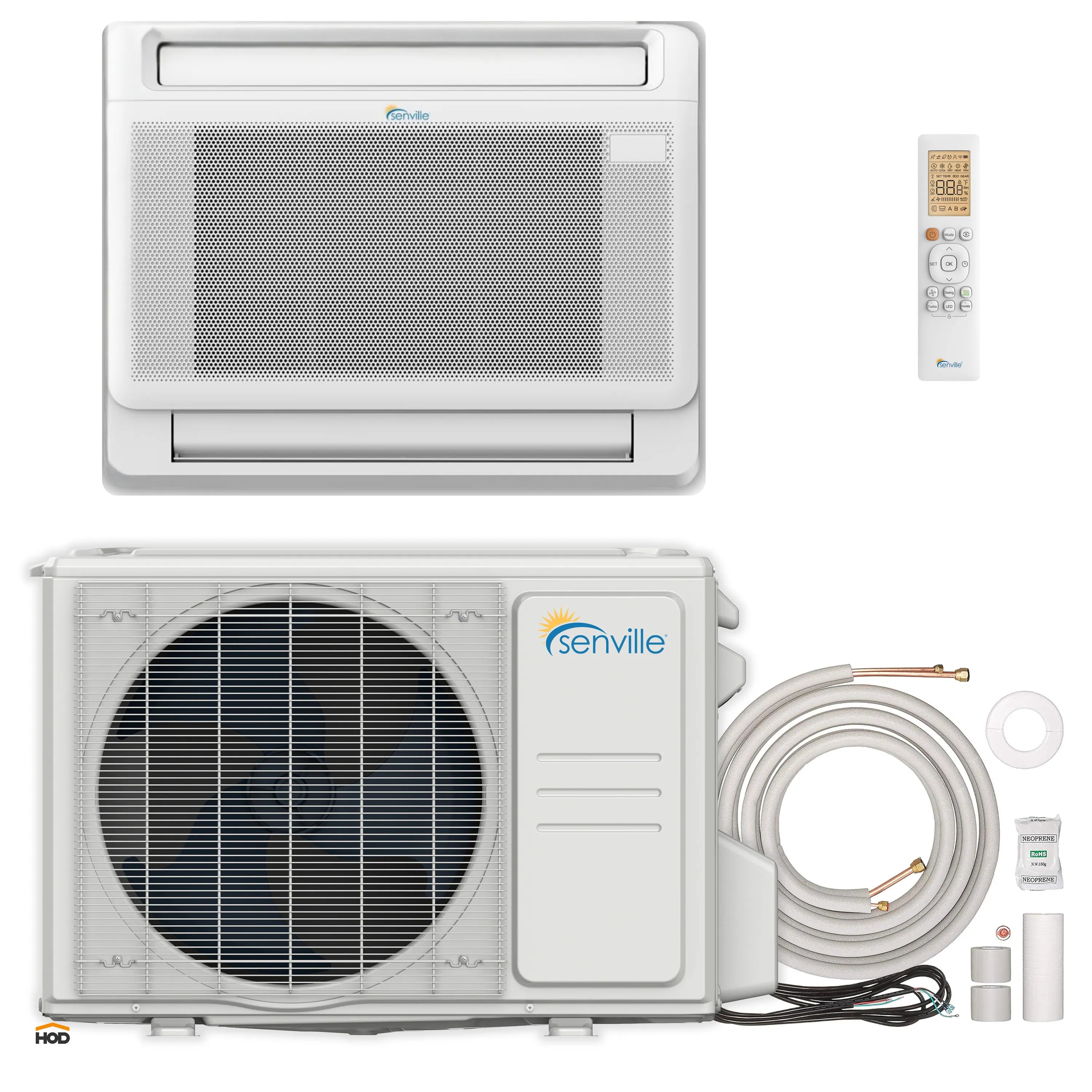 Mini split system bundle with indoor unit, outdoor condenser, lines, and remote