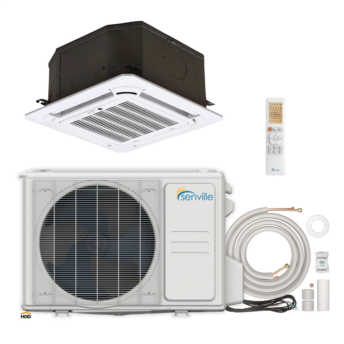Ceiling cassette ductless mini split air handler with outdoor condenser and accessory kit