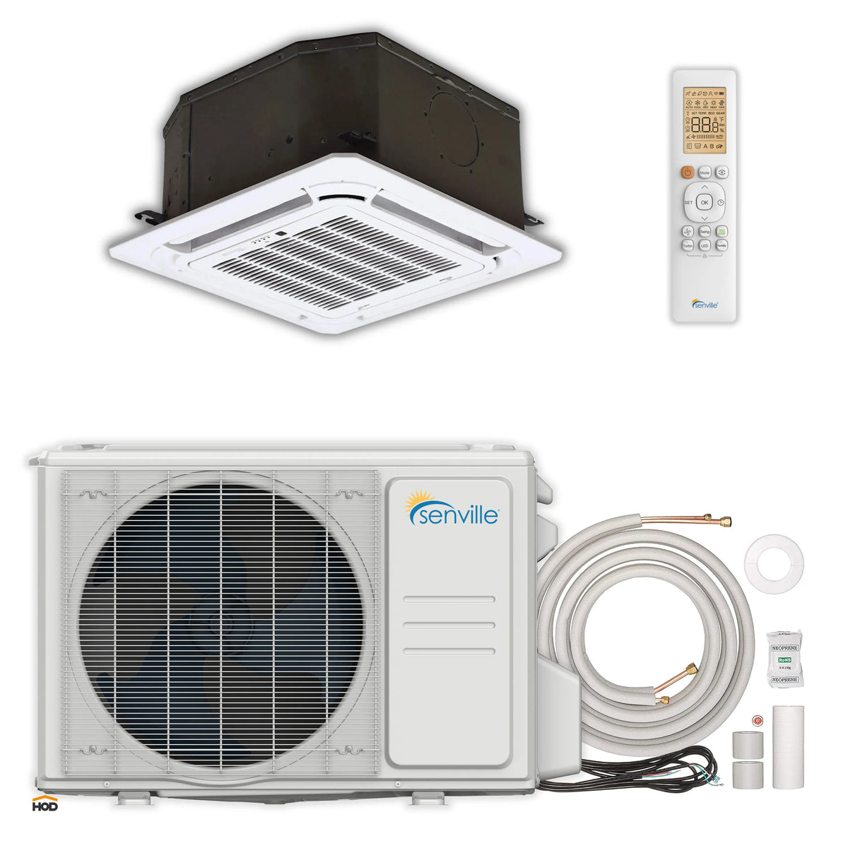 Mini split system bundle: ceiling cassette, outdoor condenser, line set, and remote