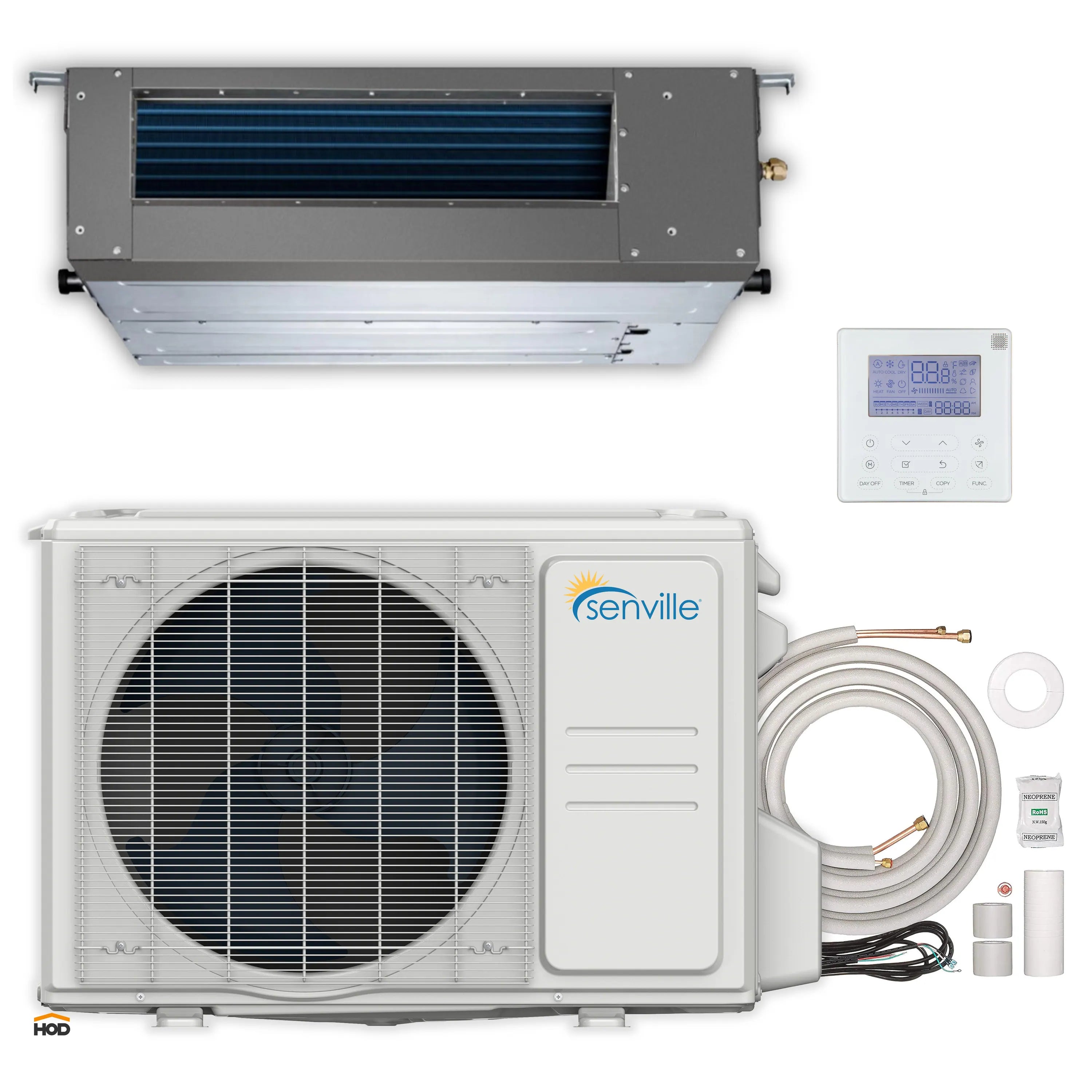Mini split kit with condenser, concealed duct unit, thermostat, and line set components