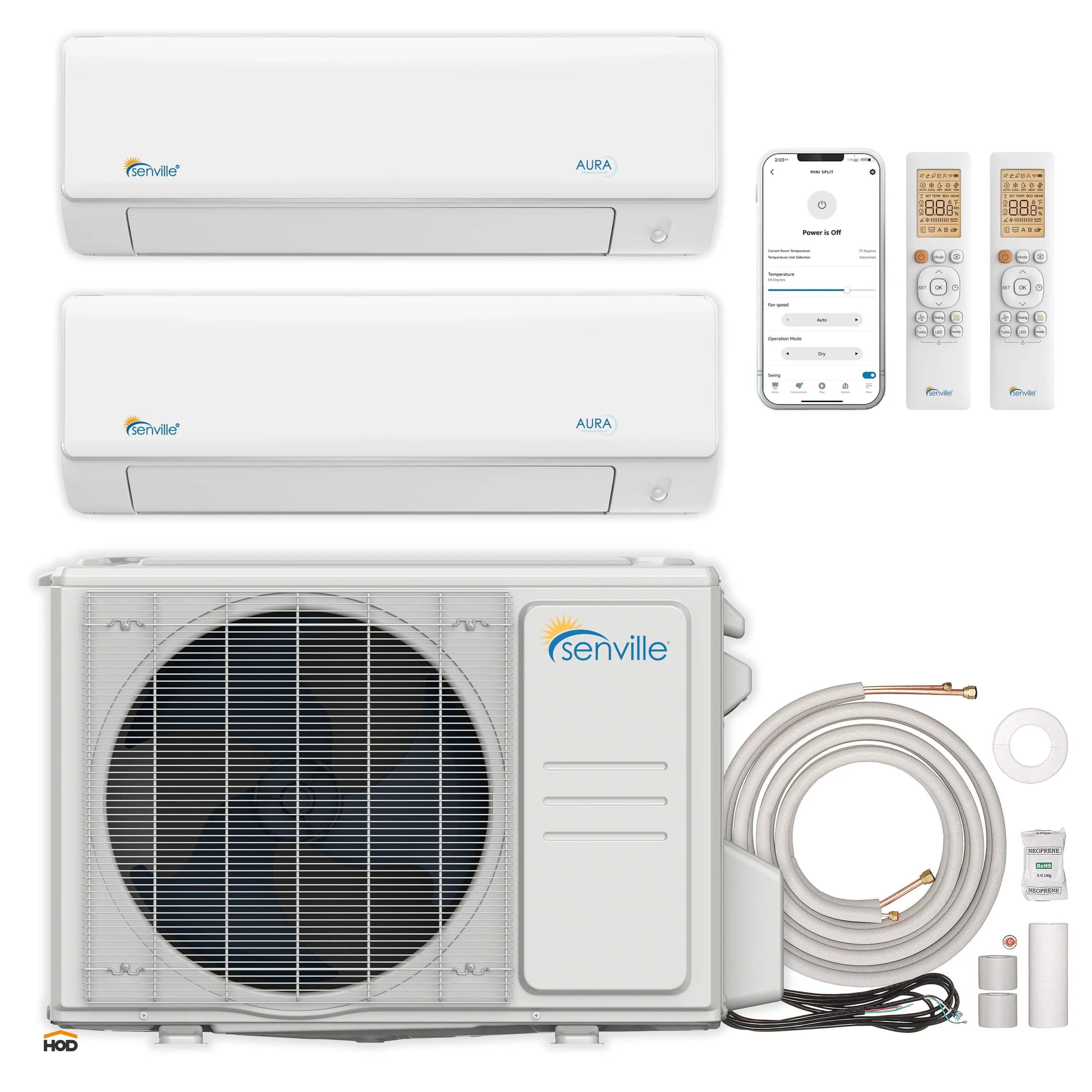 Mini split system bundle: two white air handlers, outdoor unit, line set, and remote