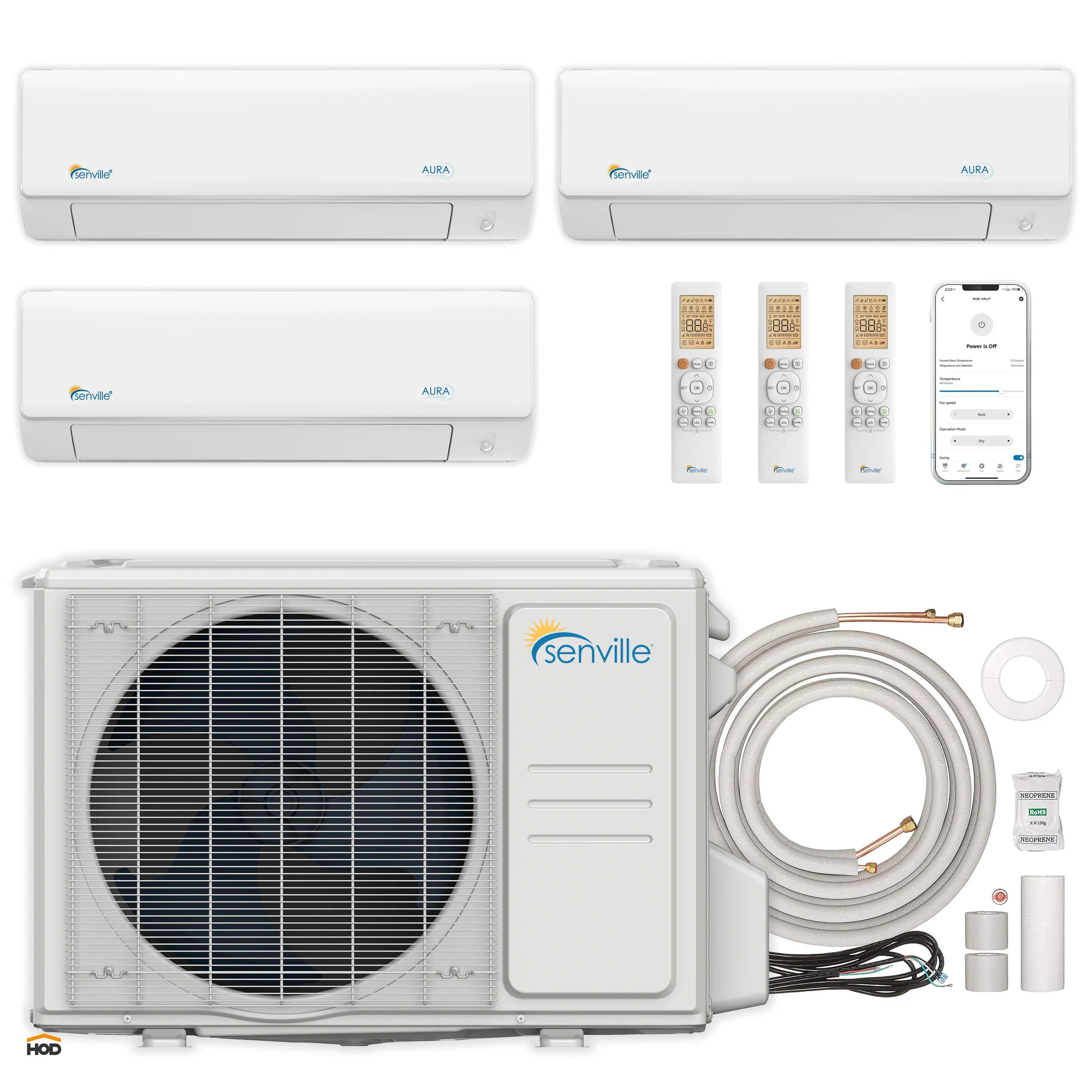 Ductless mini-split system bundle: 3 indoor units, remote, outdoor condenser, and line set