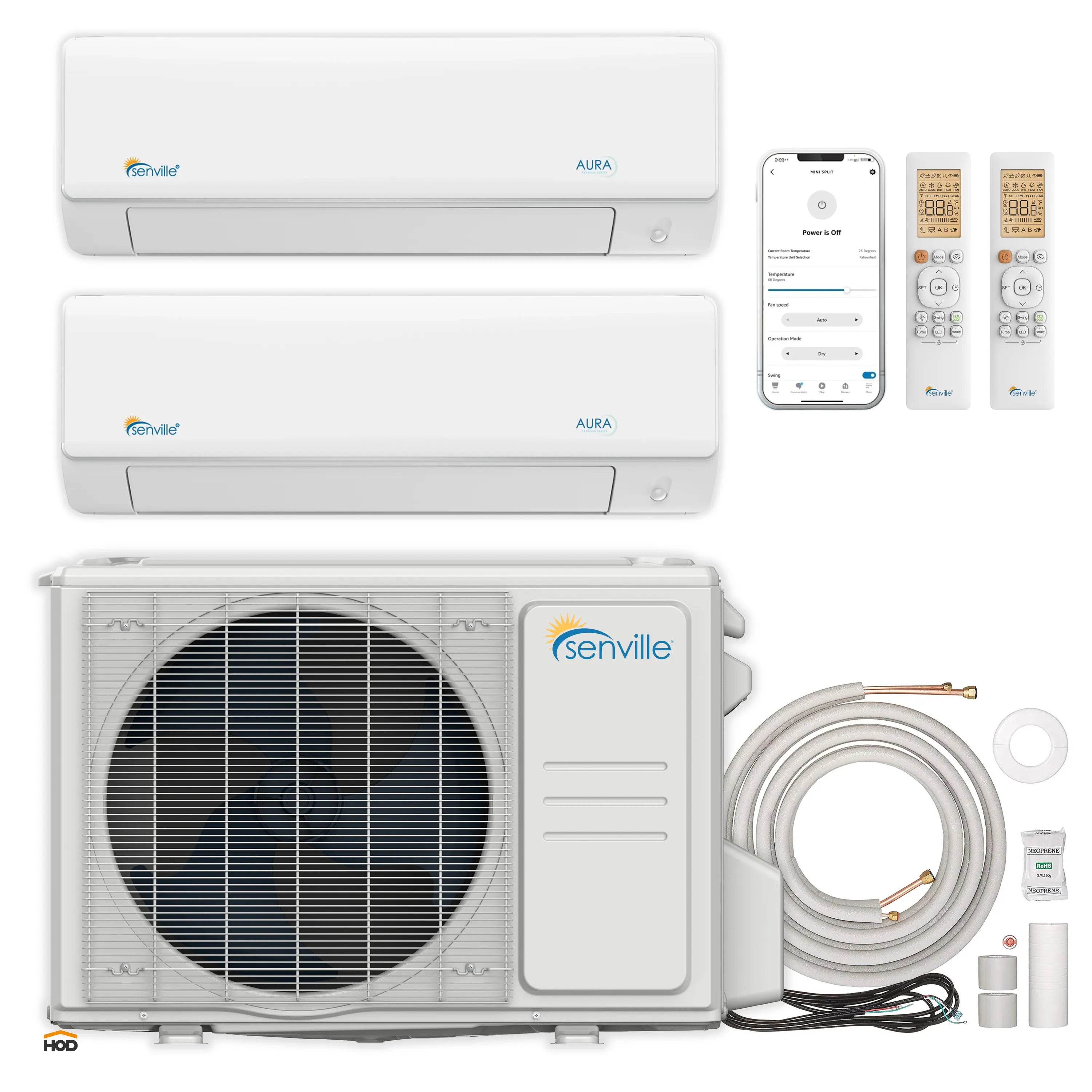 Ductless mini-split system bundle: two white wall units, outdoor condenser, line set, and remote