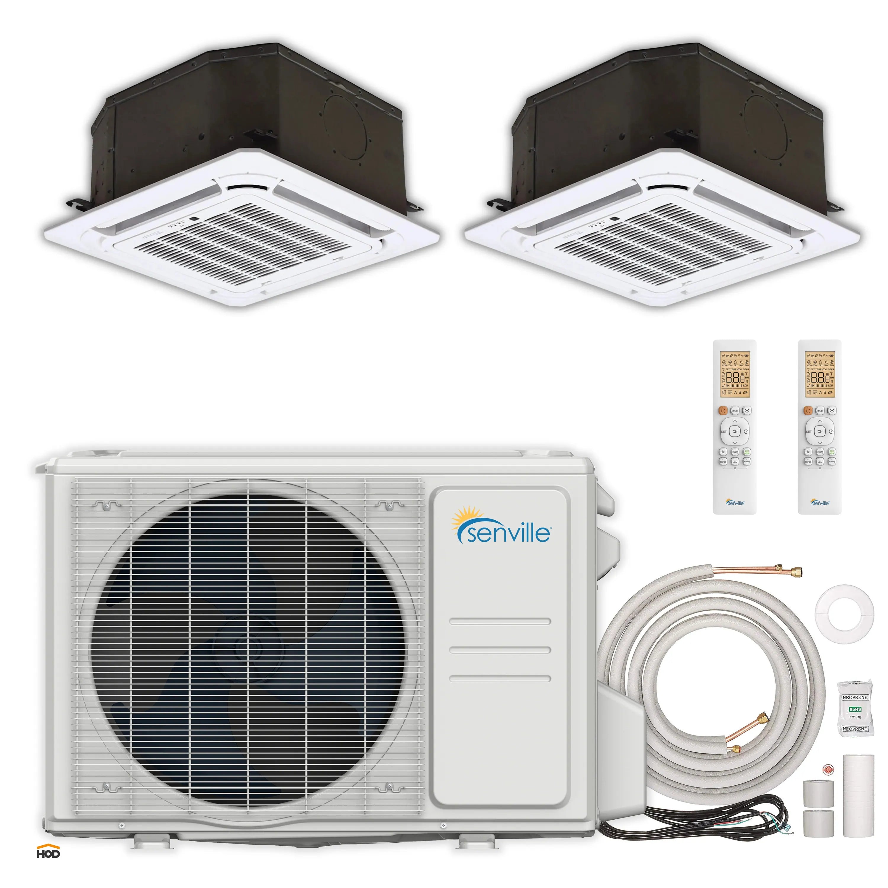 Mini split system kit with two ceiling cassette air handlers, condenser, and line set