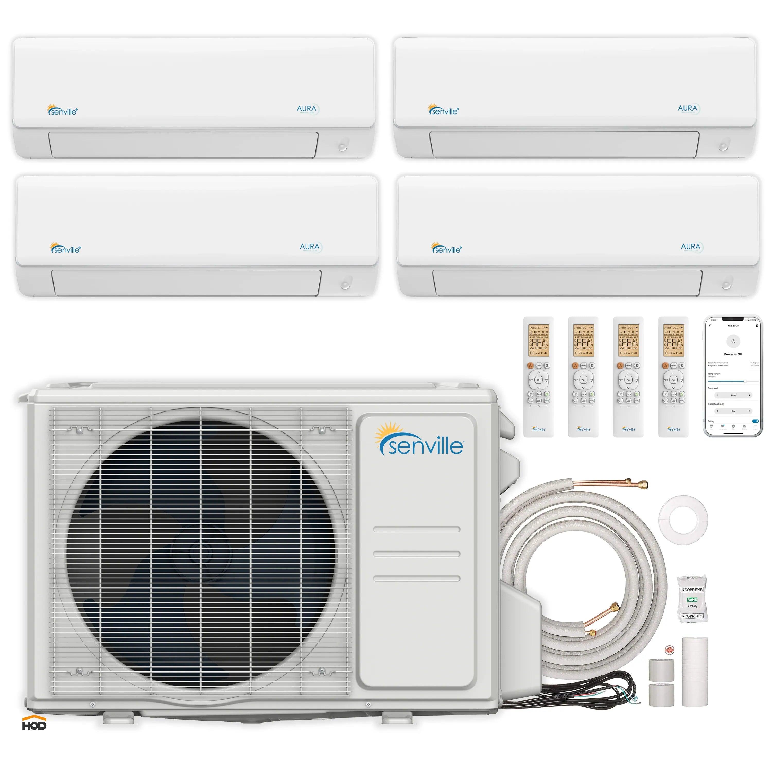 Ductless mini-split system kit with four air handlers, outdoor unit, remote, and lines