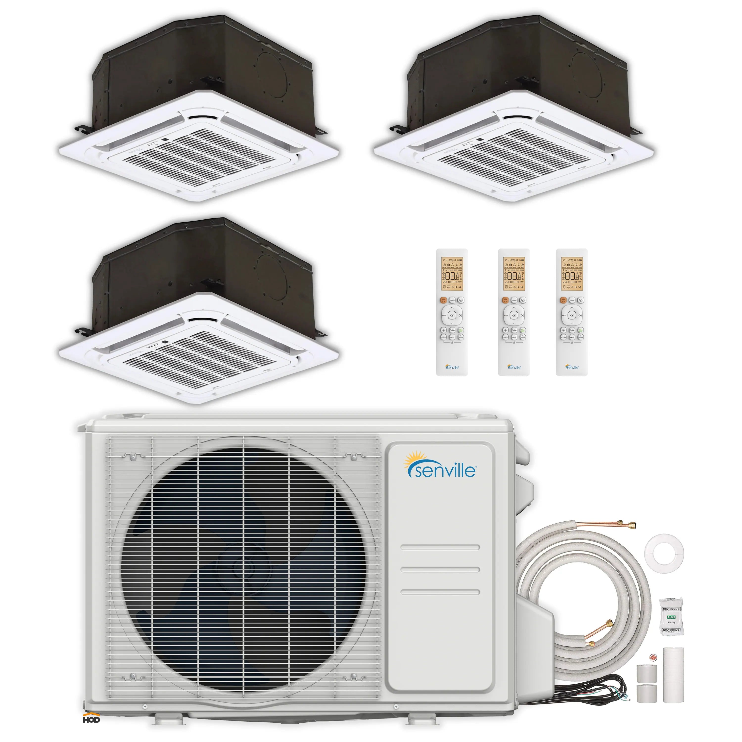 Multi-zone ductless system set with three ceiling cassettes and Senville outdoor condenser