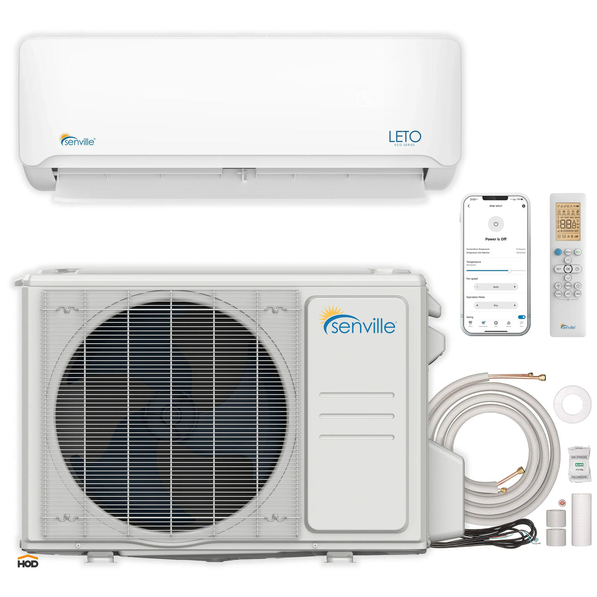 Mini split system kit showing indoor unit, outdoor condenser, line set, remote, and parts.