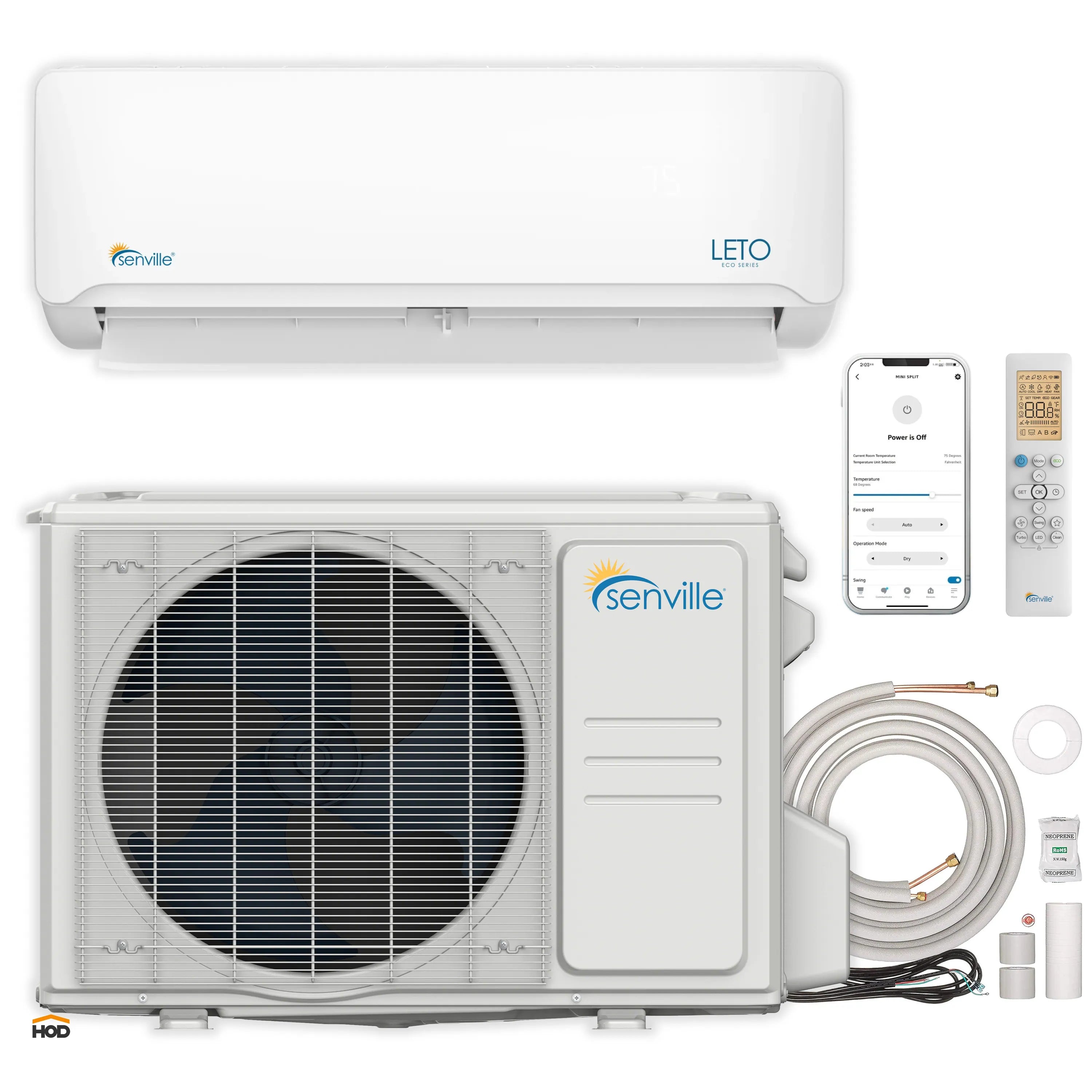 White ductless mini split heat pump with indoor wall unit, outdoor condenser, remote and lines