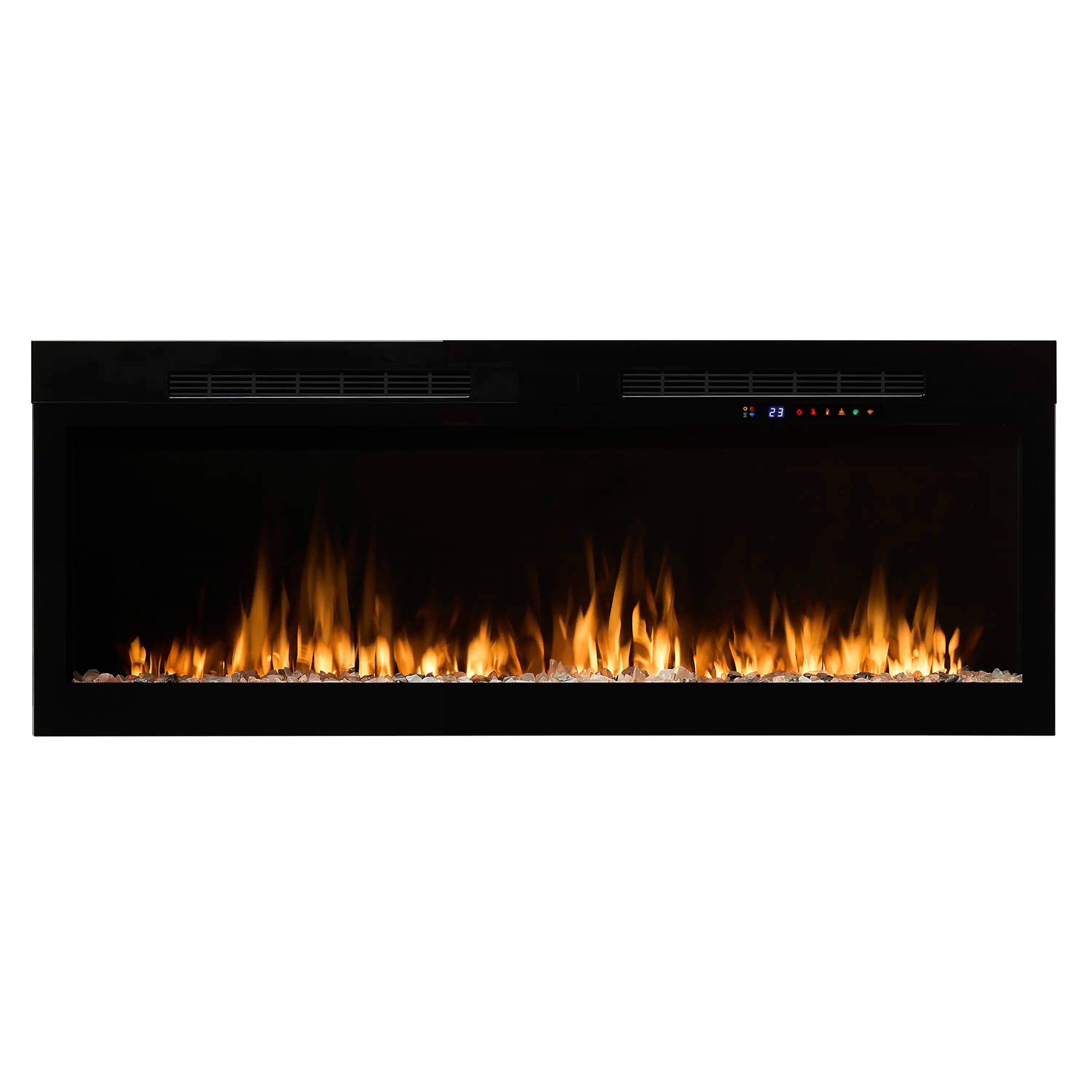 Black linear electric fireplace with bright orange flames behind the glass
