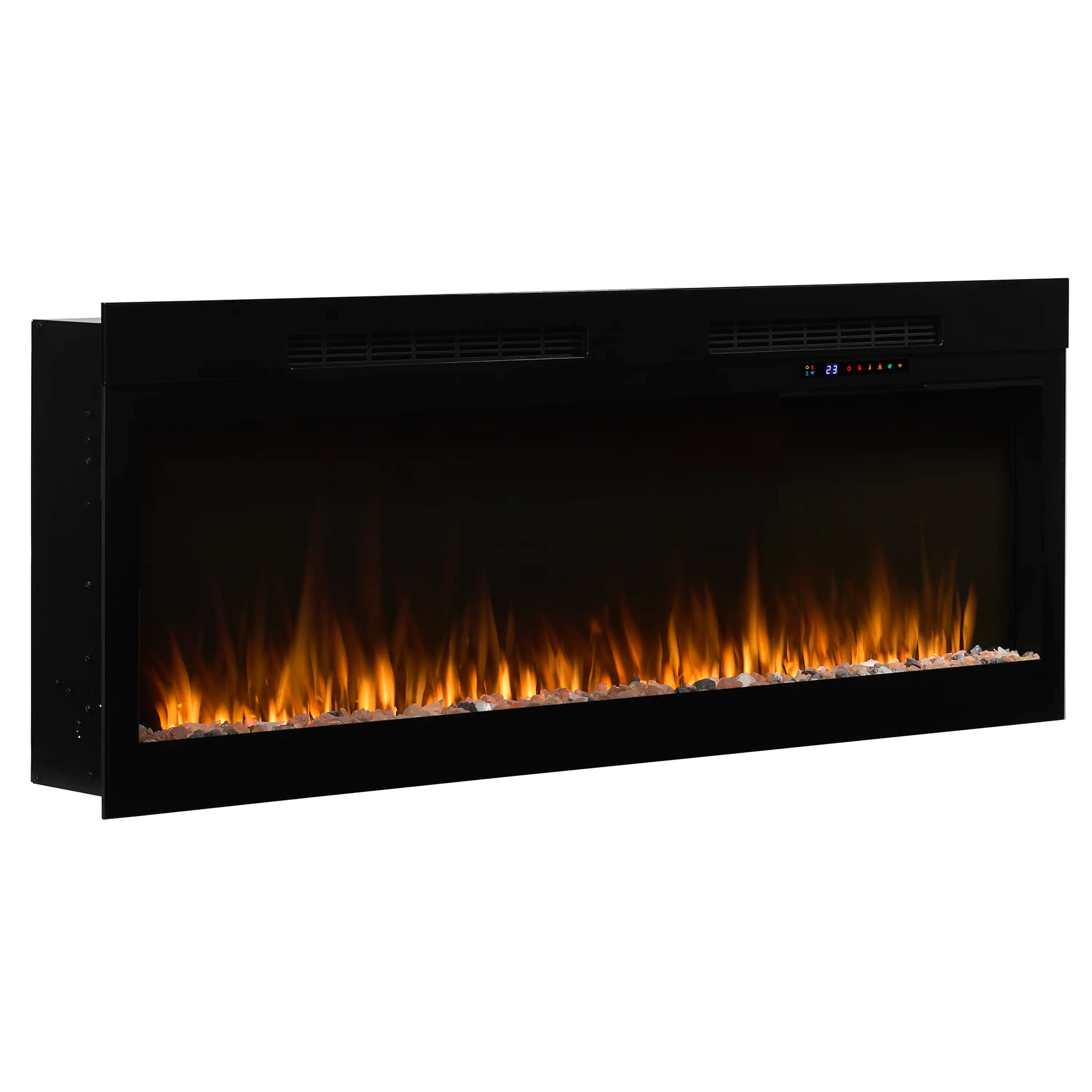 Black linear electric fireplace with flame bed and control display on the front