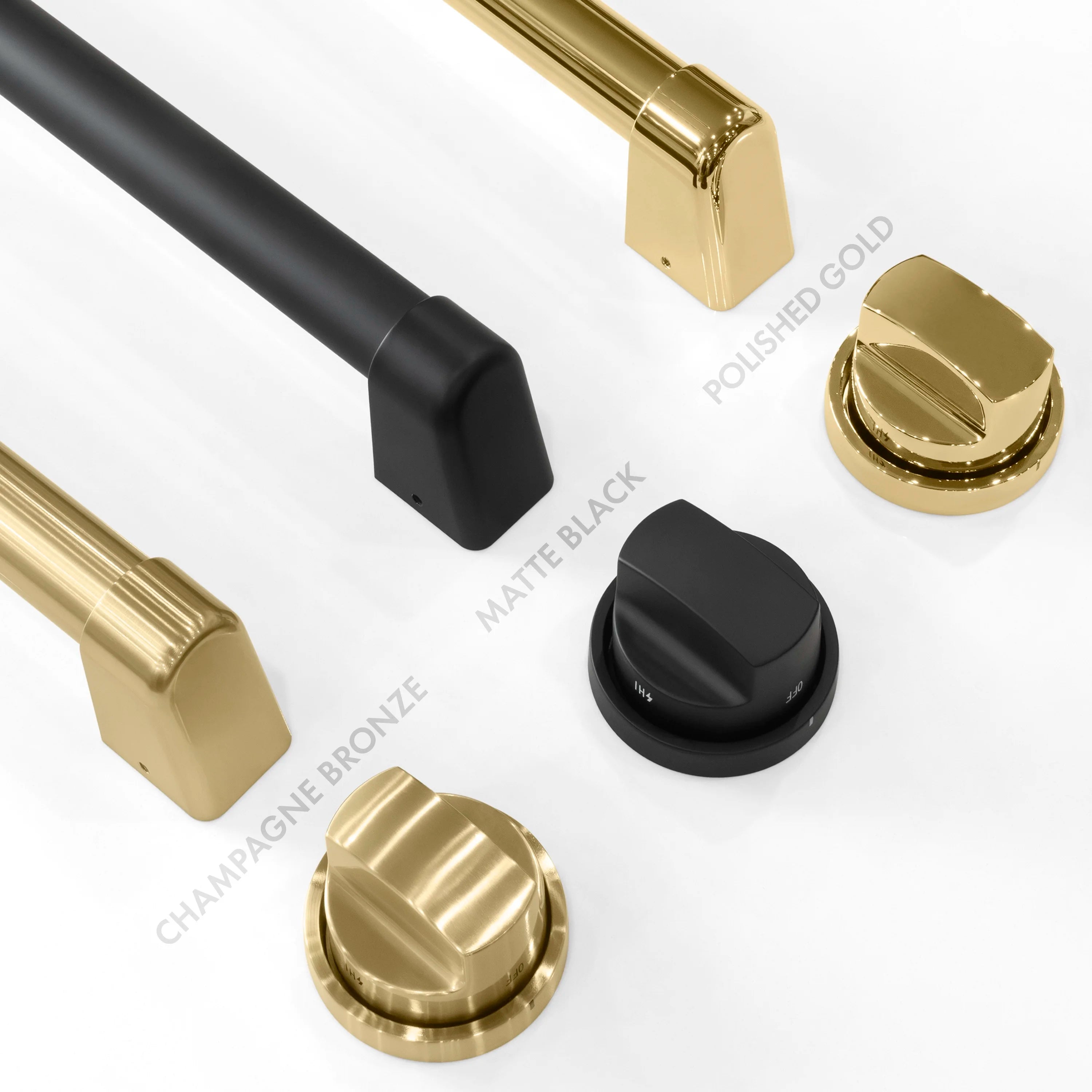Stainless knobs and control stems in matte black and champagne bronze finishes