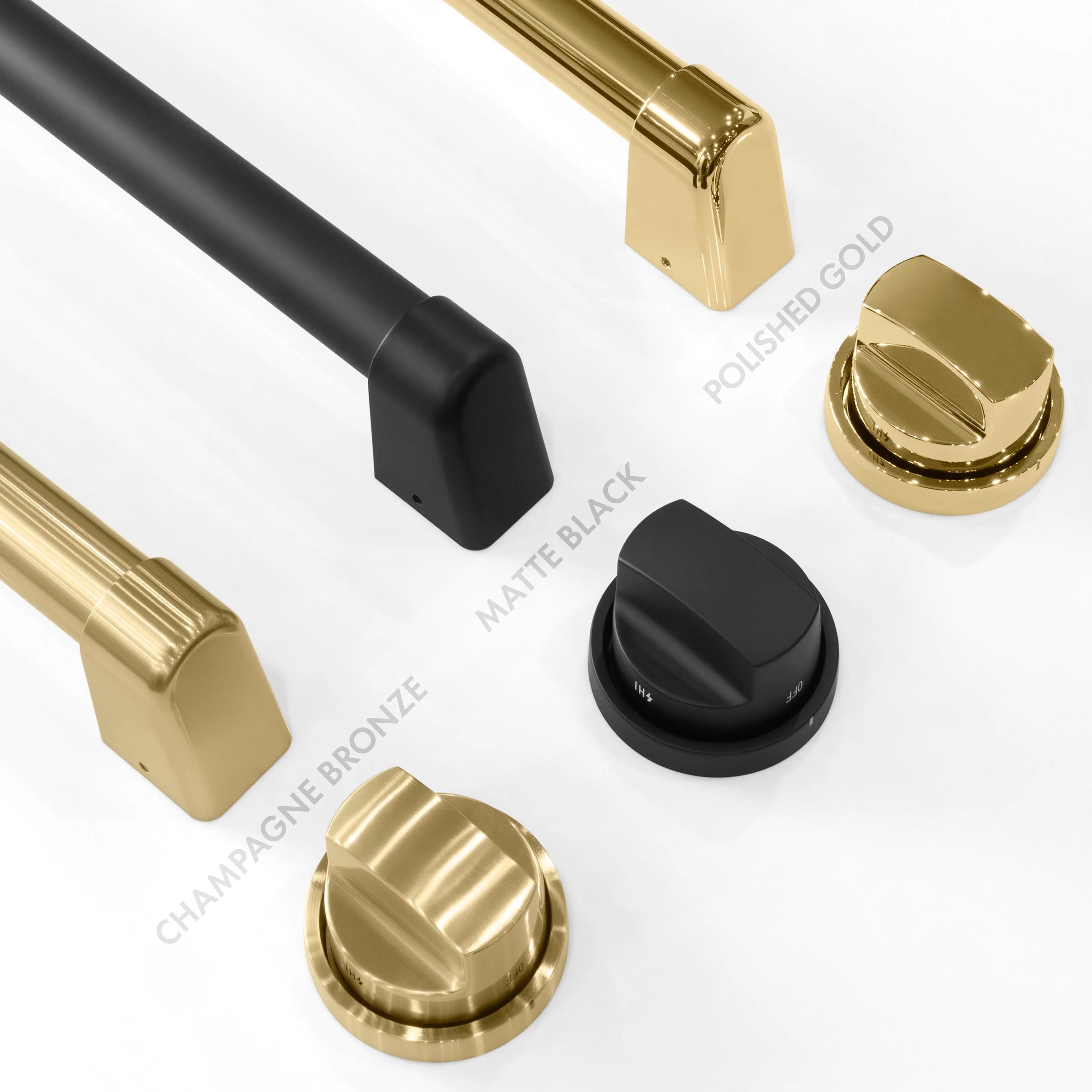 Gas range control knobs with matte black and bronze accents
