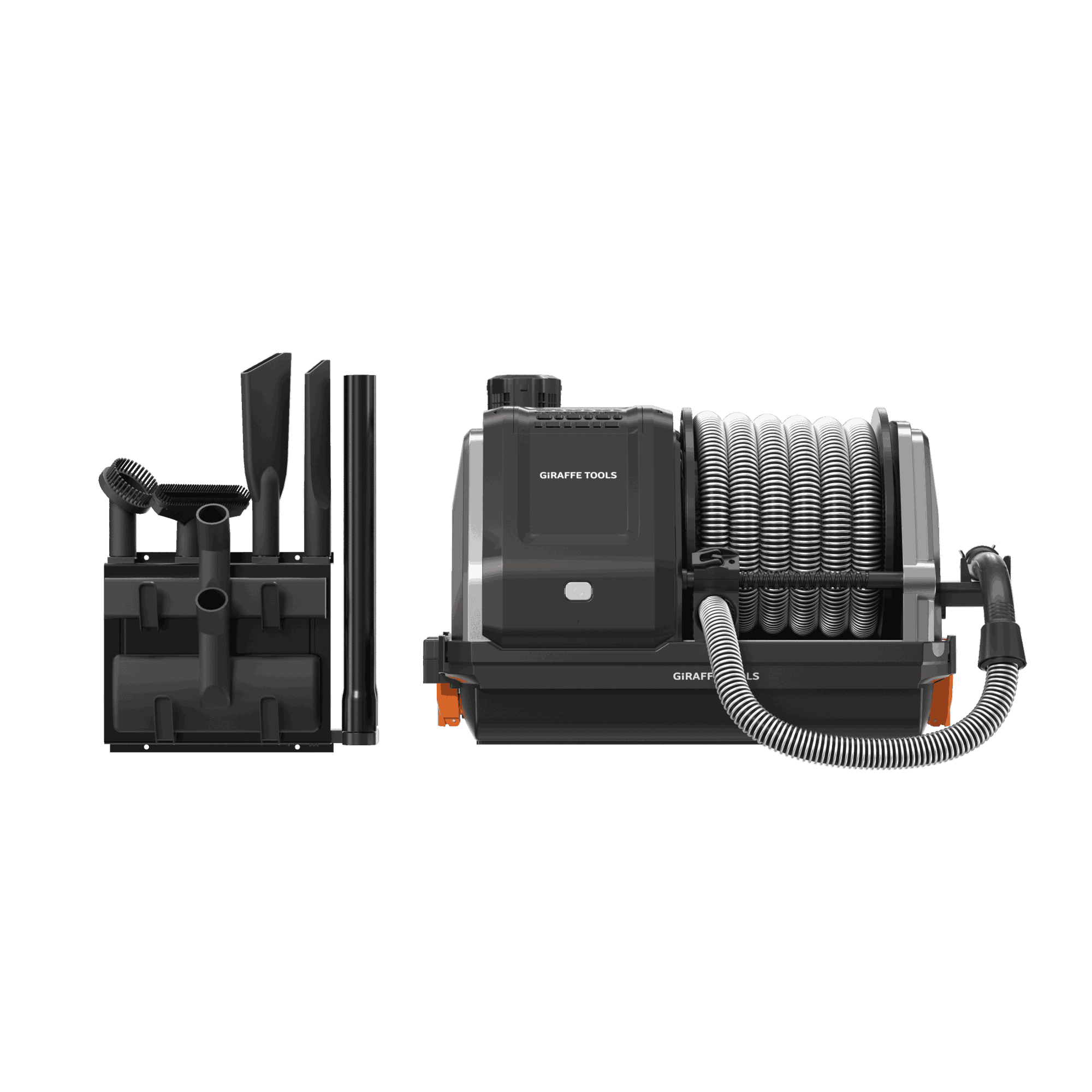 Retractable vacuum cleaner with coiled hose and tool storage base, black and gray