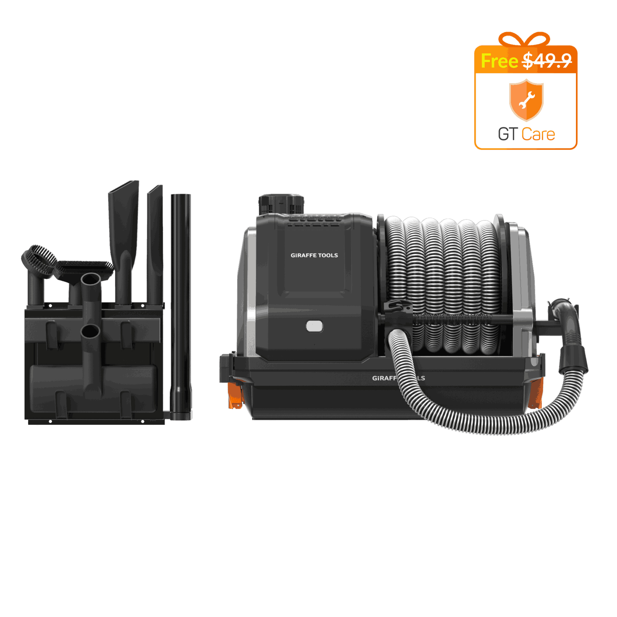Retractable vacuum unit with wall-mount base and accessory tool holders