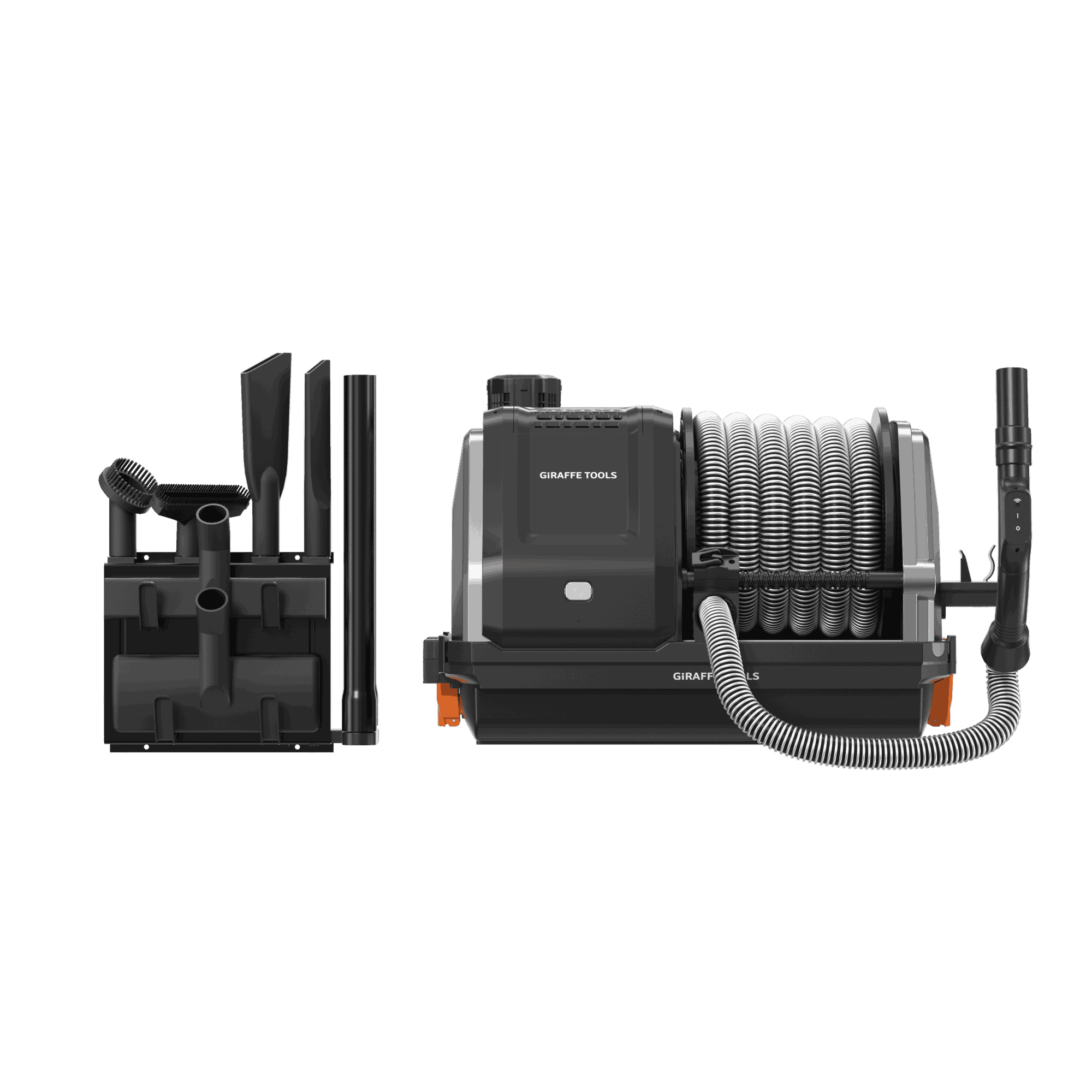 Retractable vacuum cleaner with coiled hose, extension tube, and black-gray body