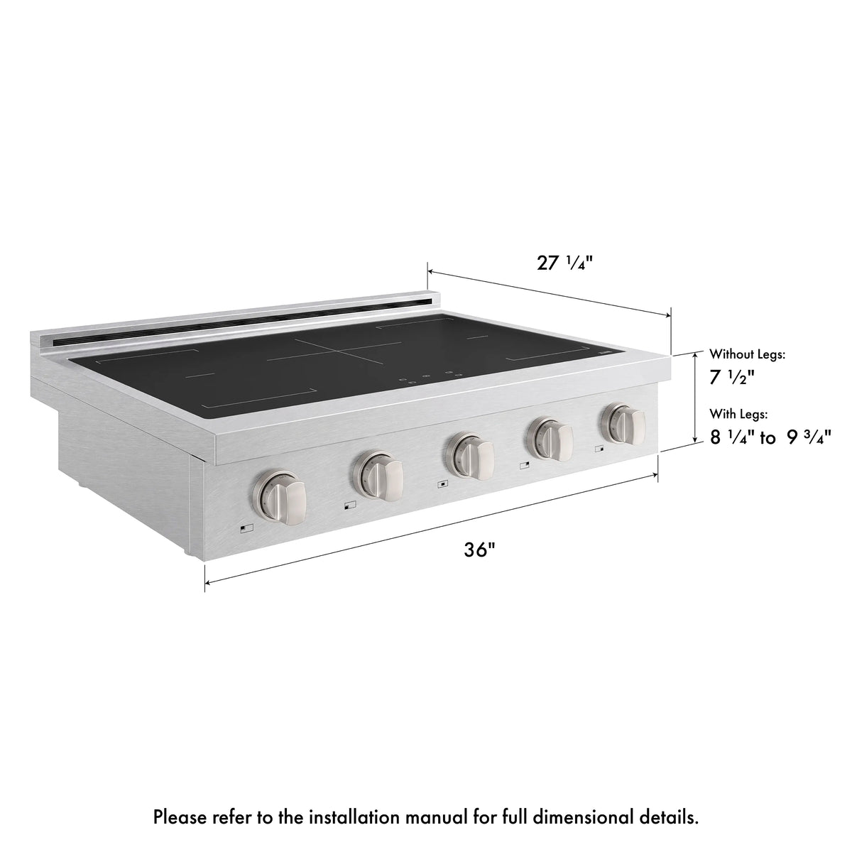 36-inch induction rangetop with black glass cook surface and 5 knob controls