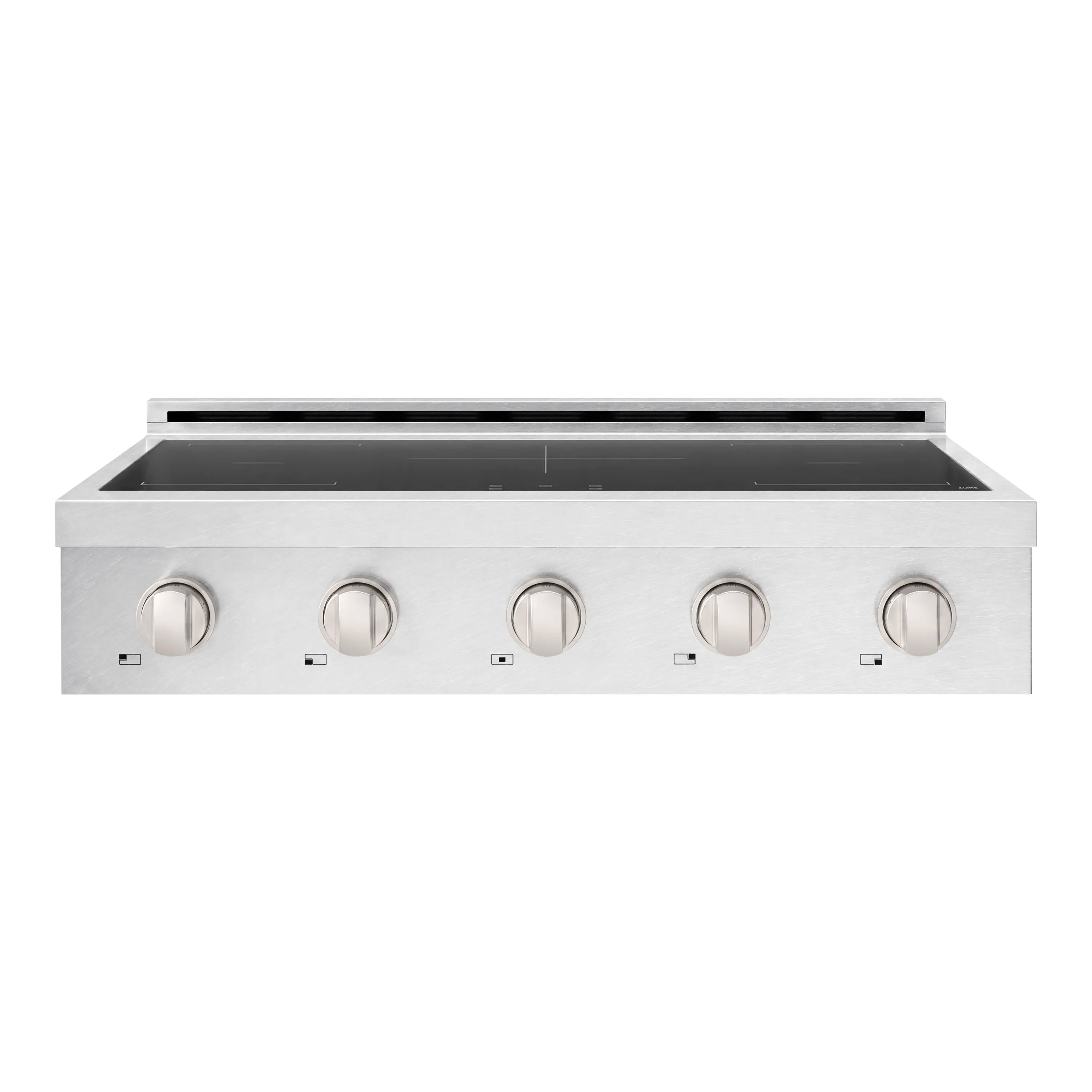 Satin stainless induction rangetop front view with black cooktop and five round knobs