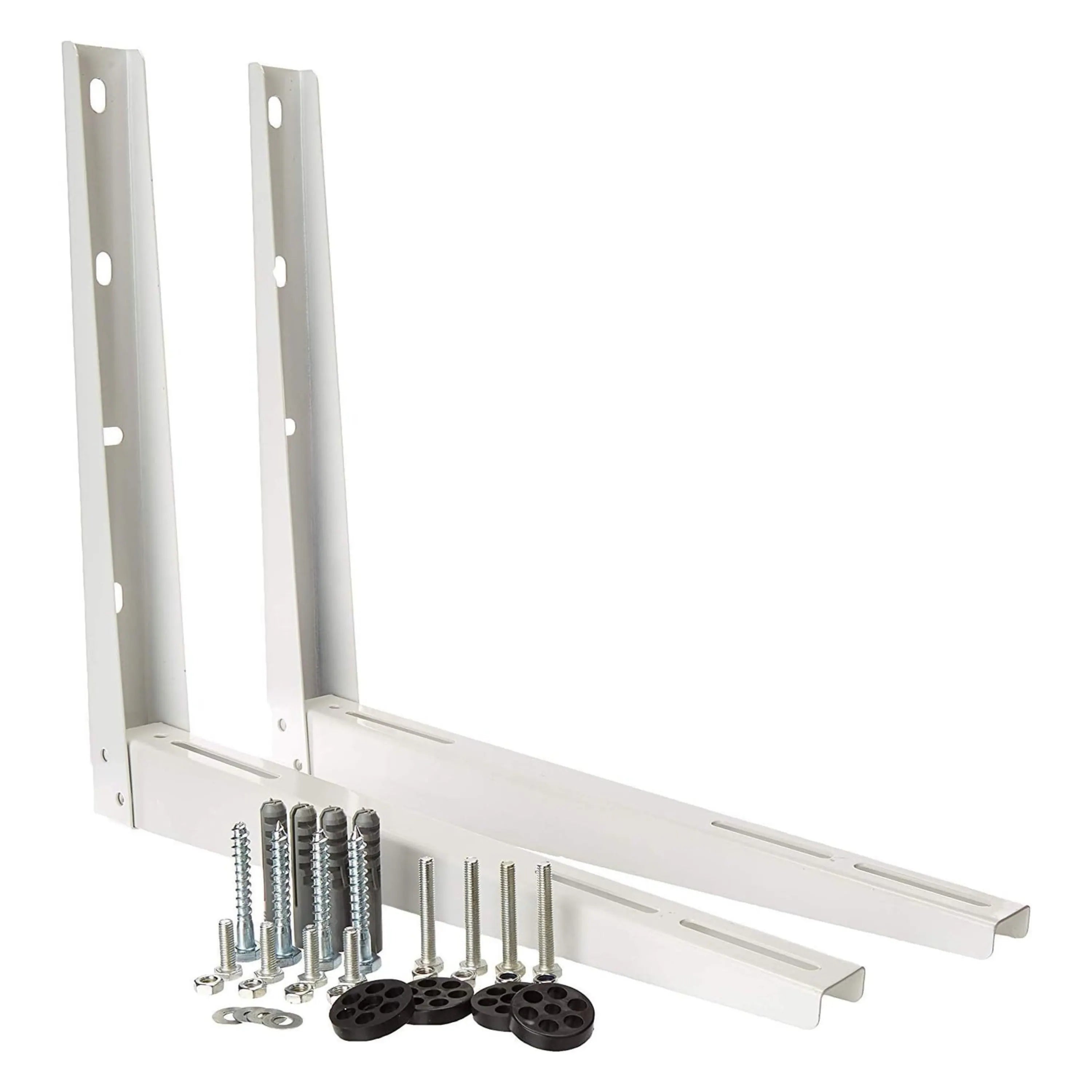 Outdoor wall-mount bracket with bolts and black mounting grommets, white metal