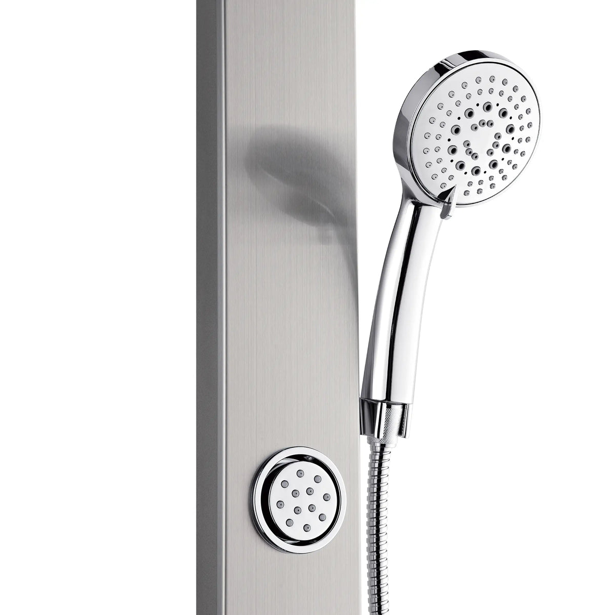 Stainless steel handheld shower with round spray head and metal hose on wall panel