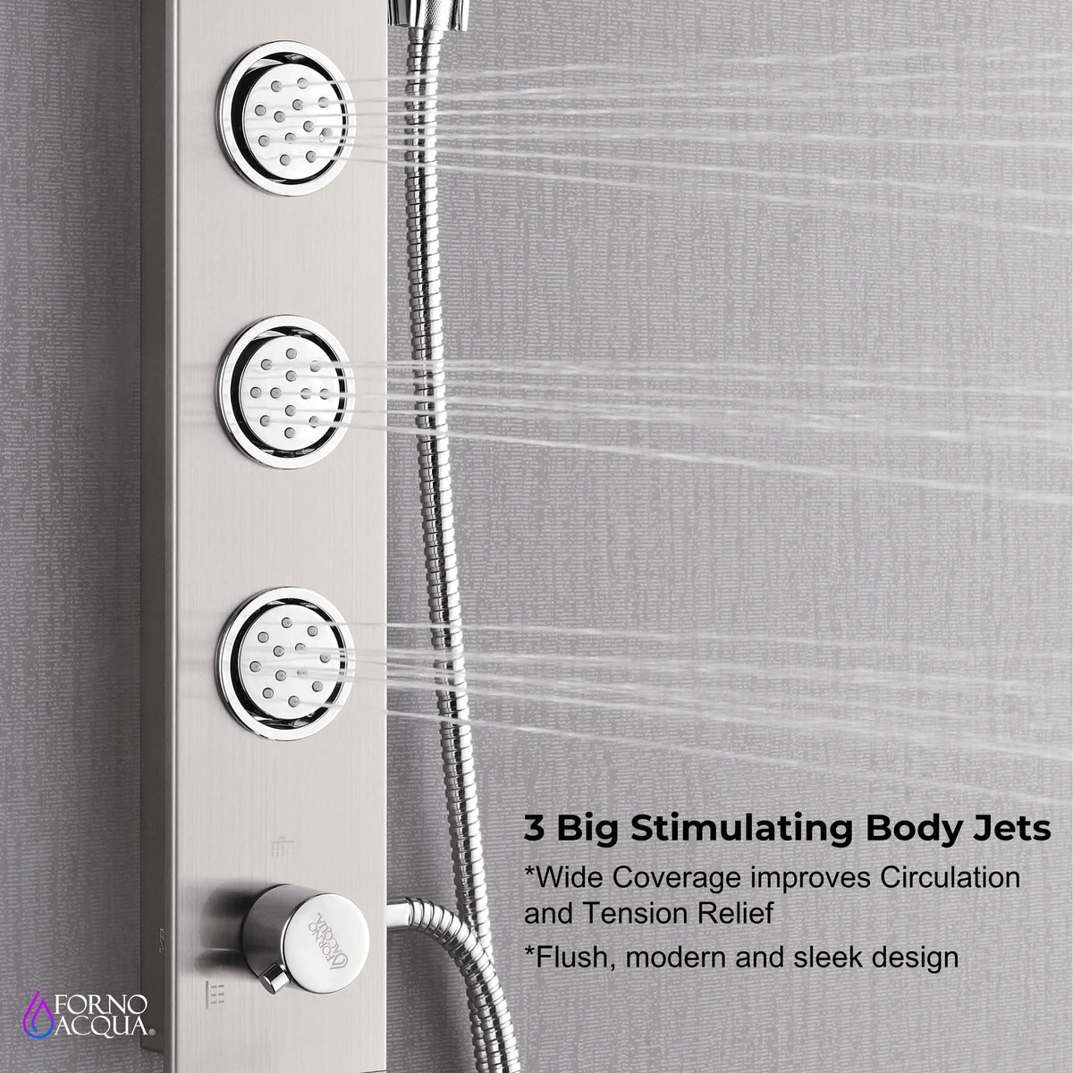 Stainless steel shower panel showing three body jets and flexible hose connection