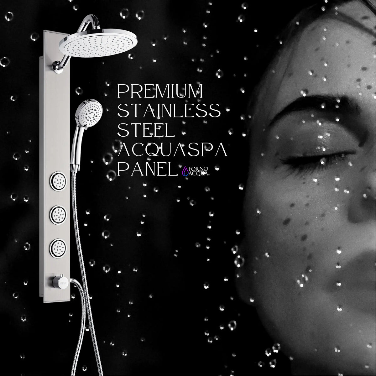 Stainless steel shower panel with overhead rain head and handheld sprayer amid water droplets