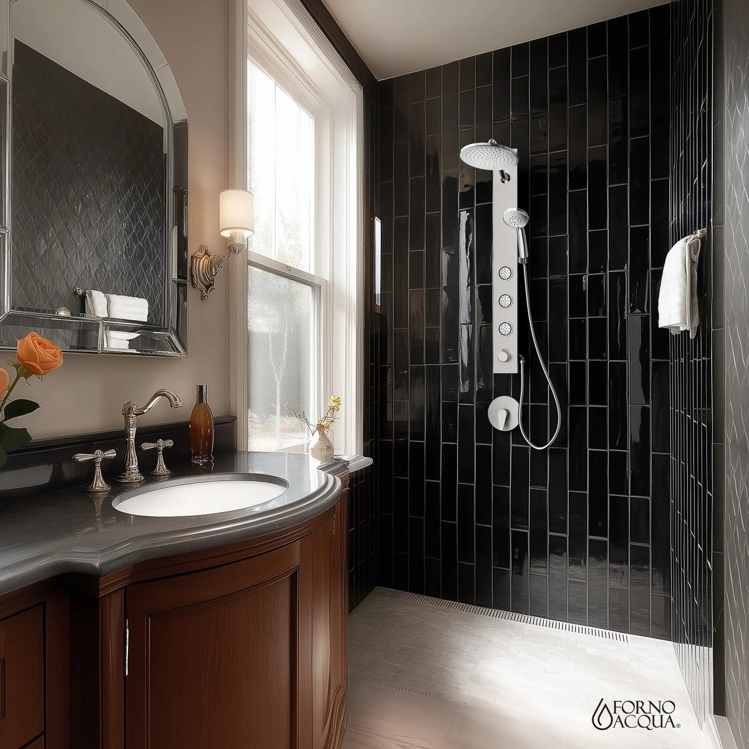 Stainless steel shower panel with overhead rain head and handheld sprayer