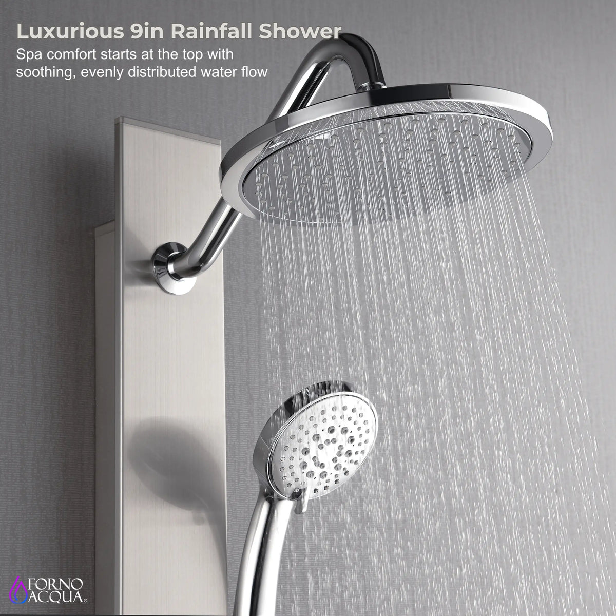 Stainless steel 9-inch overhead rainfall shower head with wall arm and body spray