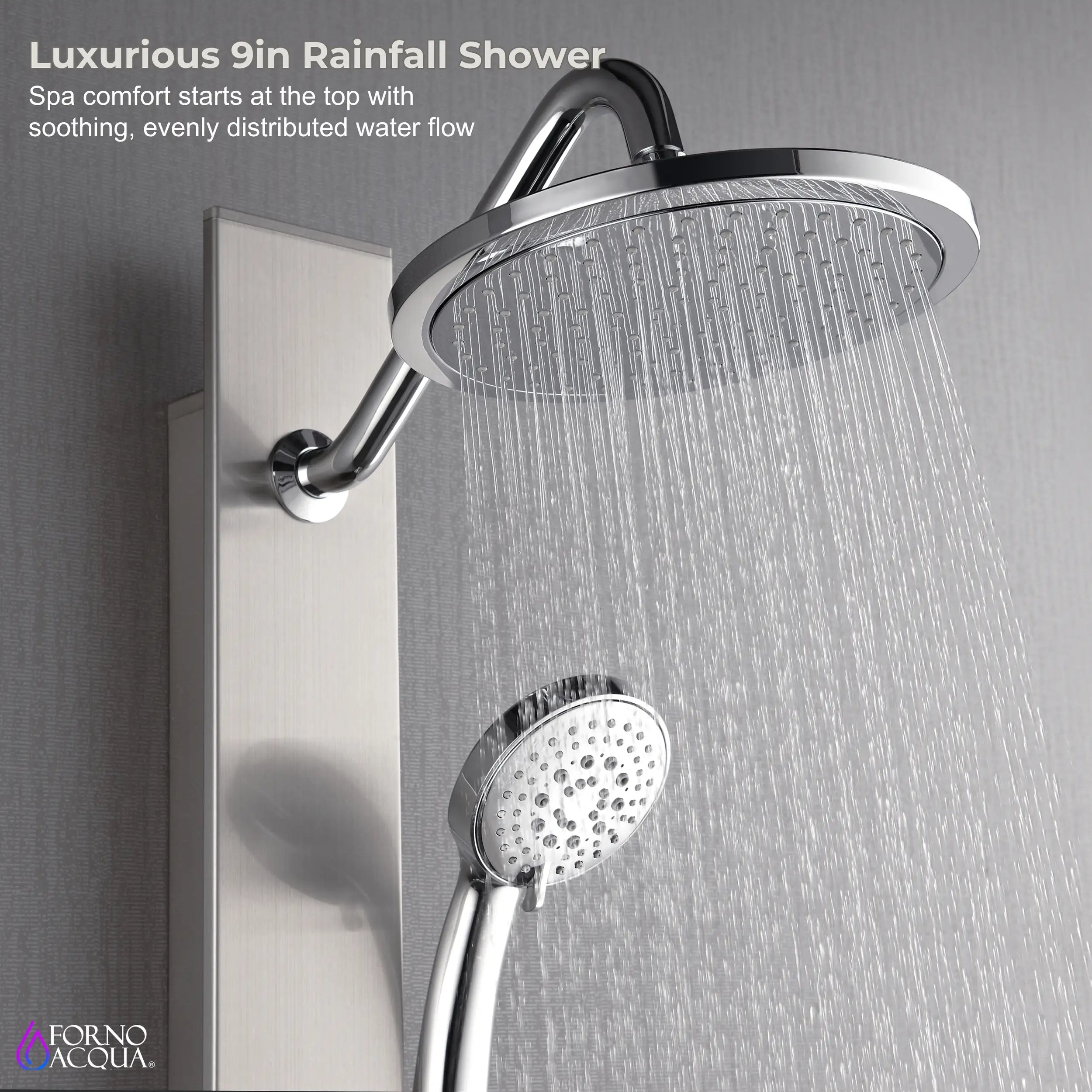 Stainless steel 9-inch rainfall shower head with matching handheld sprayer