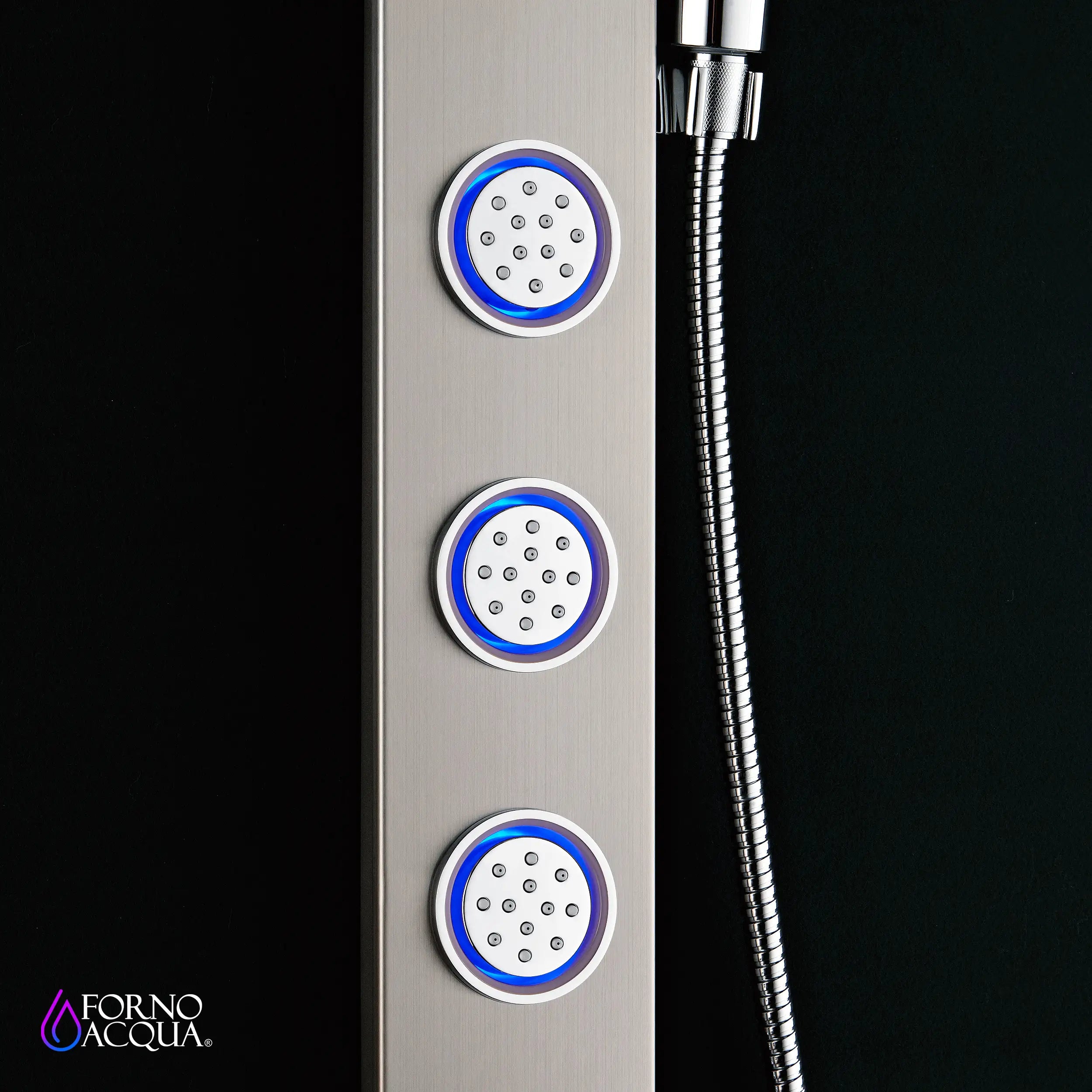 Stainless steel shower panel showing three body jets with blue light indicators and hose