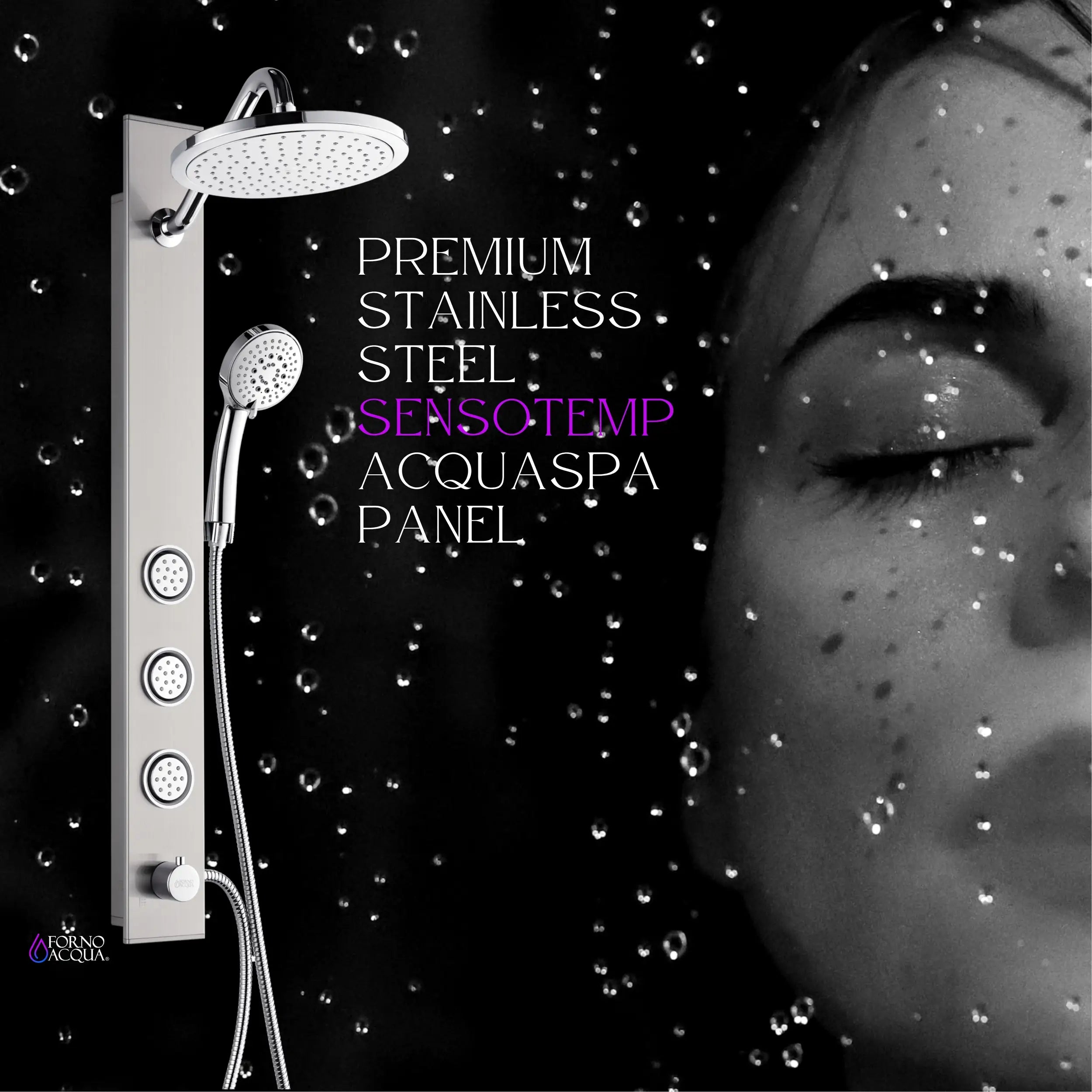 Stainless steel shower panel with overhead rain head, handheld sprayer, and body jets
