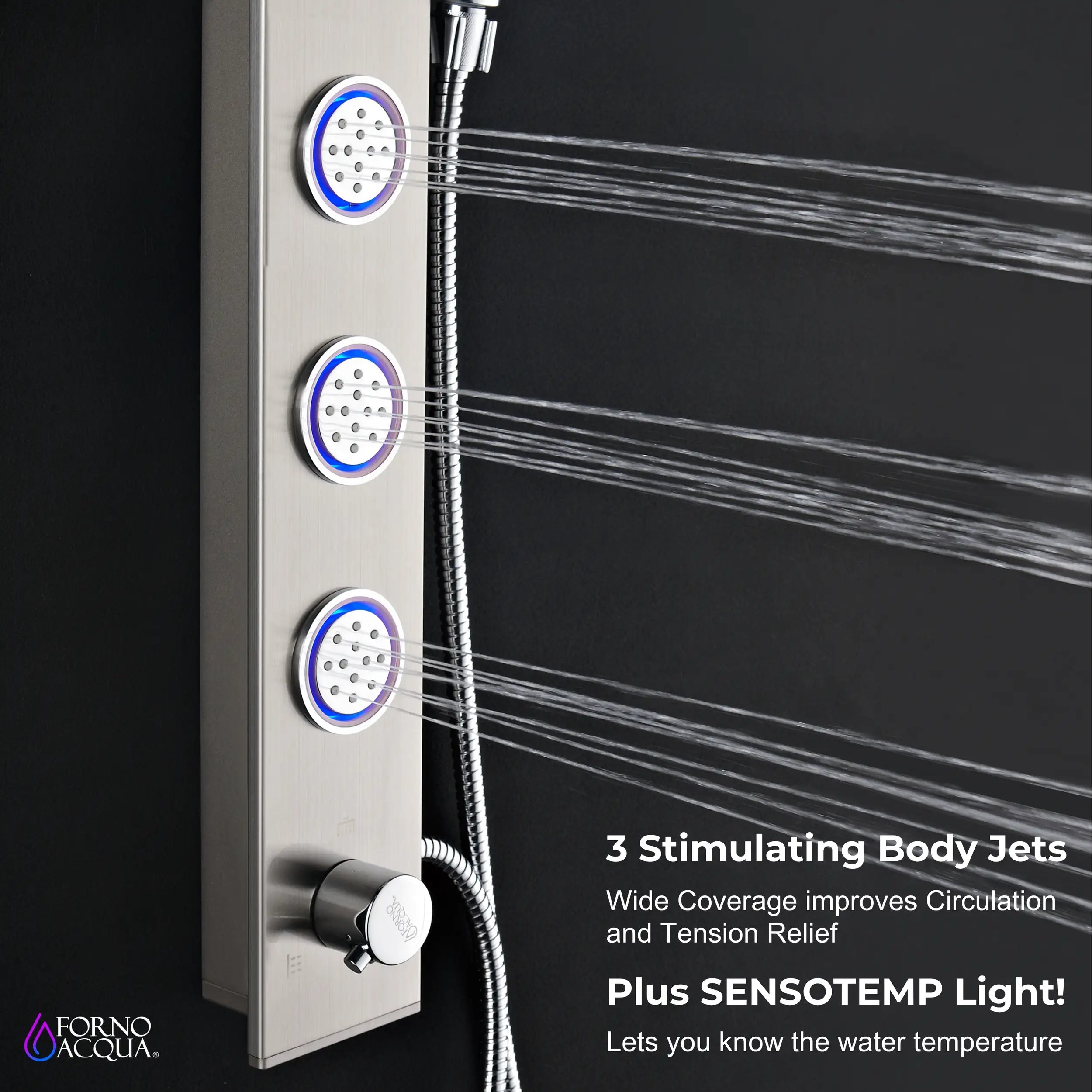Stainless steel shower panel with three body jets, flowing water streams, and blue lights
