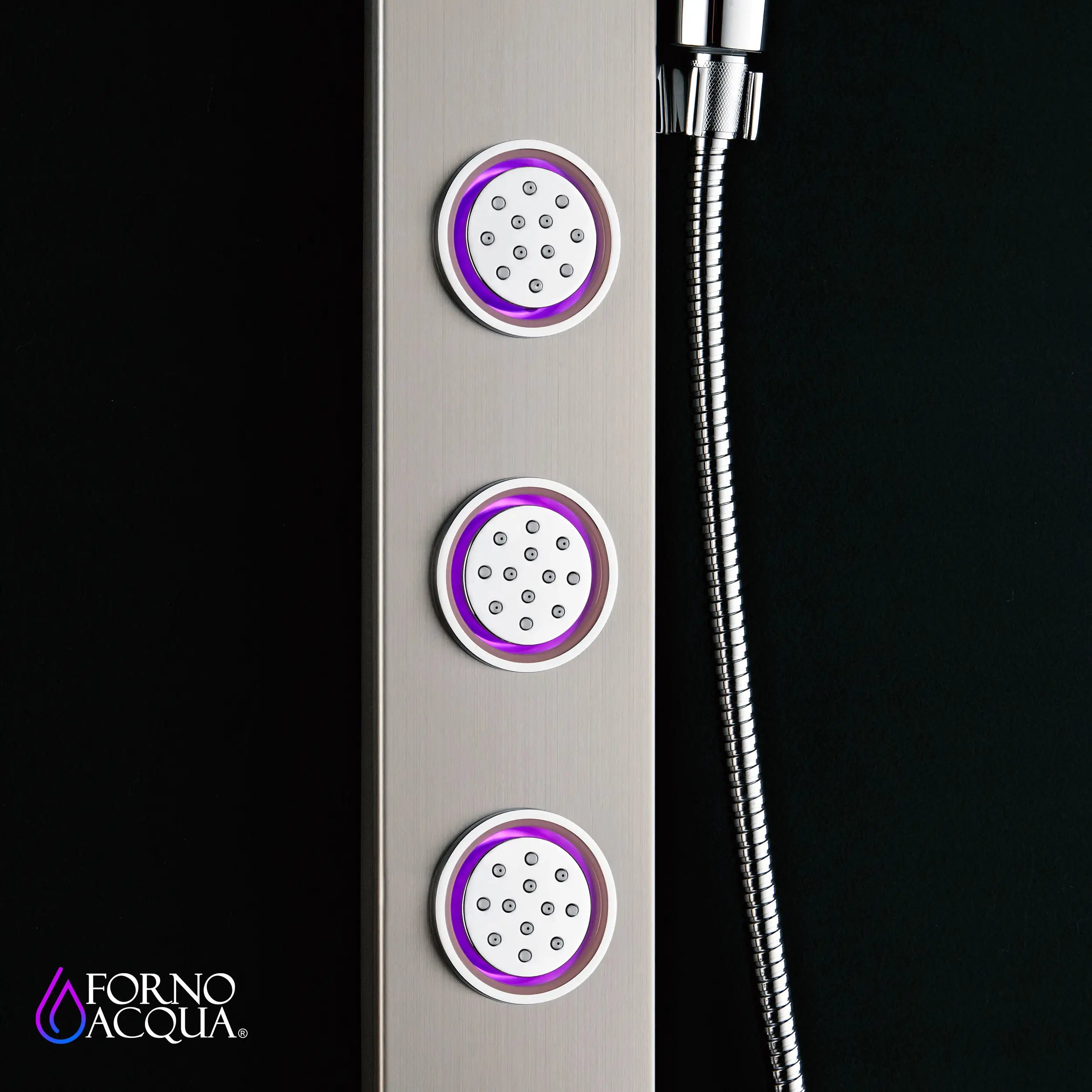 Stainless steel shower panel with three body jets and purple light indicators on nozzles